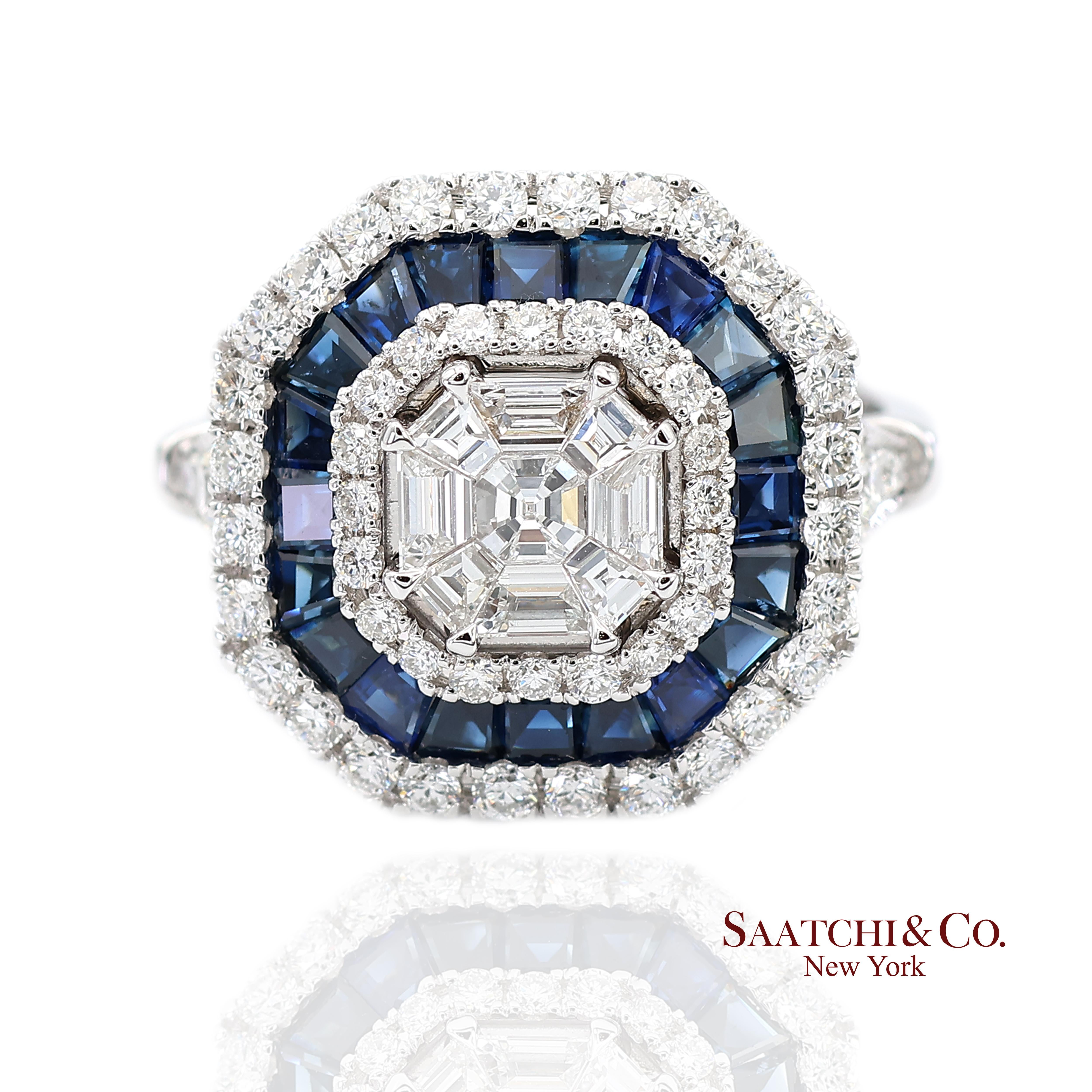 Taille brillant Bague en or blanc 750 millièmes (18K) saphir bleu royal et diamant naturel de taille Asscher Pie Cut en vente