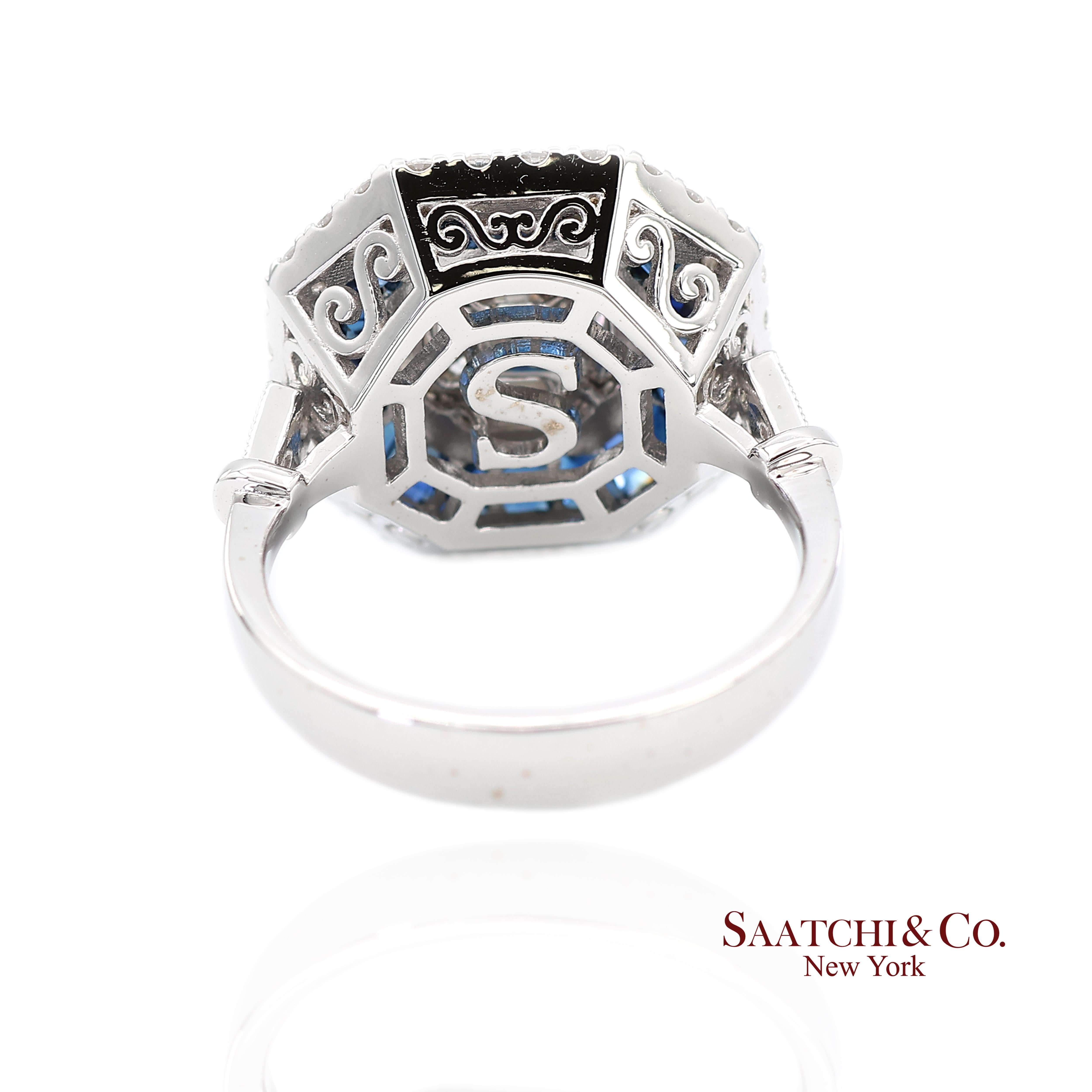 Bague en or blanc 750 millièmes (18K) saphir bleu royal et diamant naturel de taille Asscher Pie Cut Neuf - En vente à New York, NY