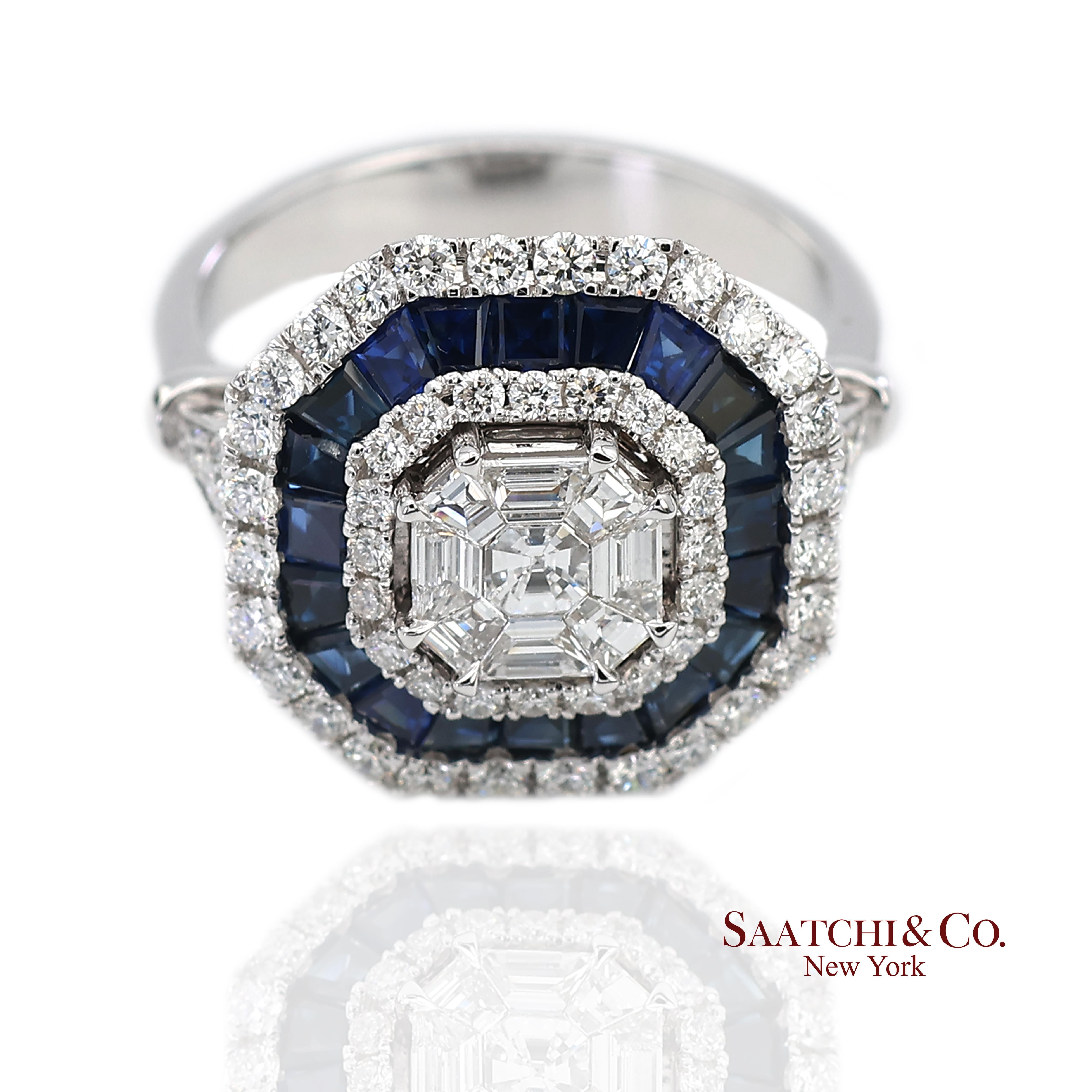 Bague en or blanc 750 millièmes (18K) saphir bleu royal et diamant naturel de taille Asscher Pie Cut Unisexe en vente