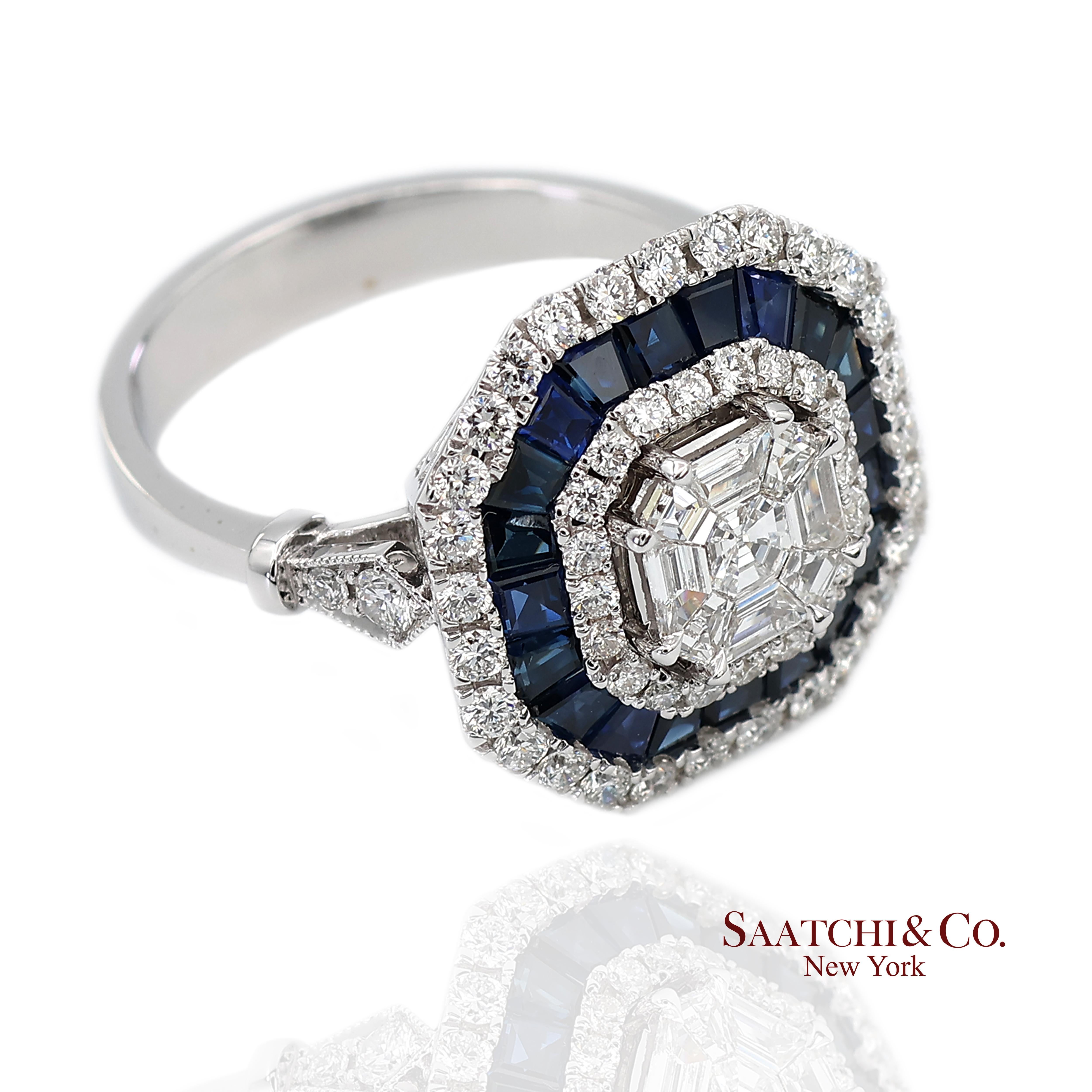 Bague en or blanc 750 millièmes (18K) saphir bleu royal et diamant naturel de taille Asscher Pie Cut en vente 1