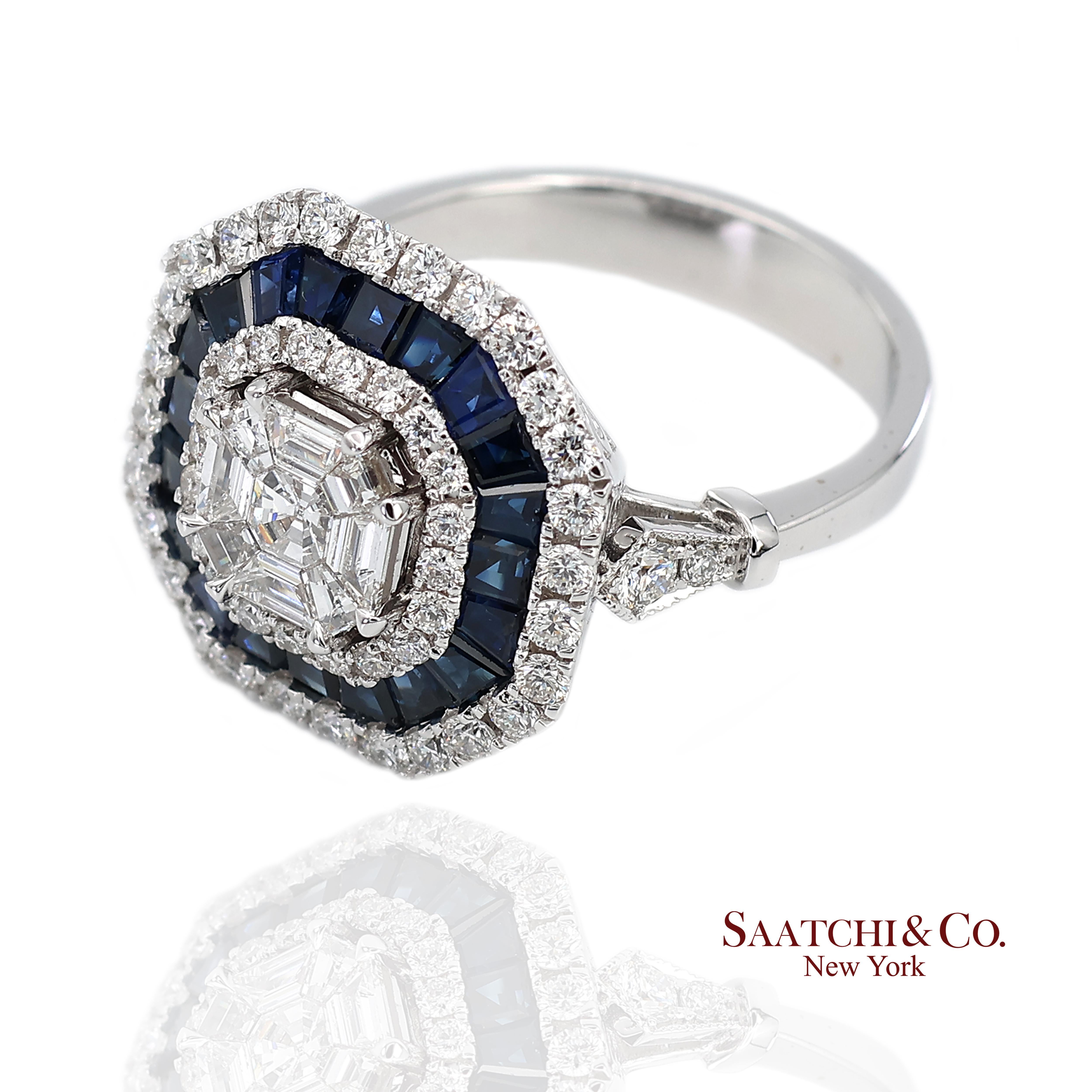 Bague en or blanc 750 millièmes (18K) saphir bleu royal et diamant naturel de taille Asscher Pie Cut en vente 2