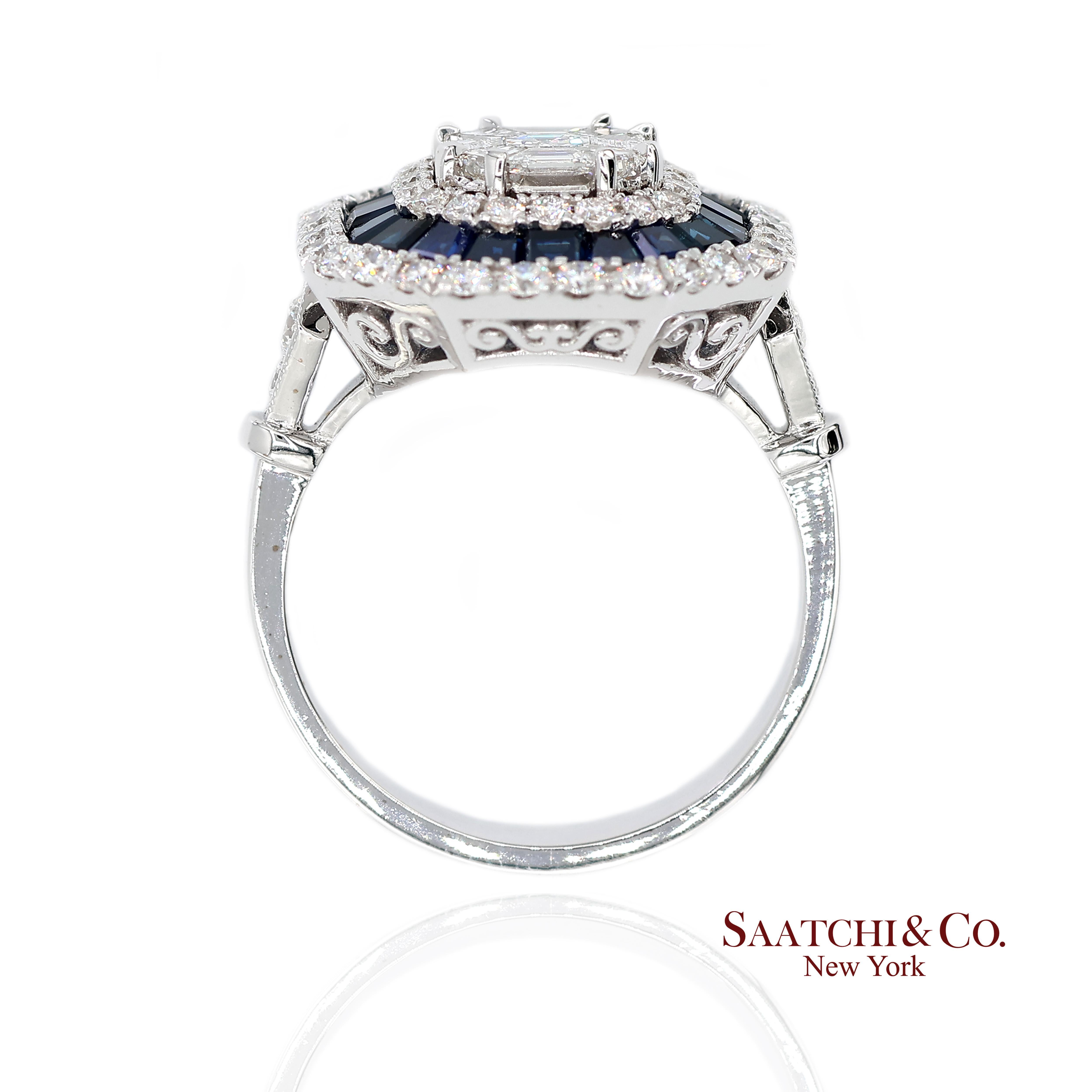 Bague en or blanc 750 millièmes (18K) saphir bleu royal et diamant naturel de taille Asscher Pie Cut en vente 3