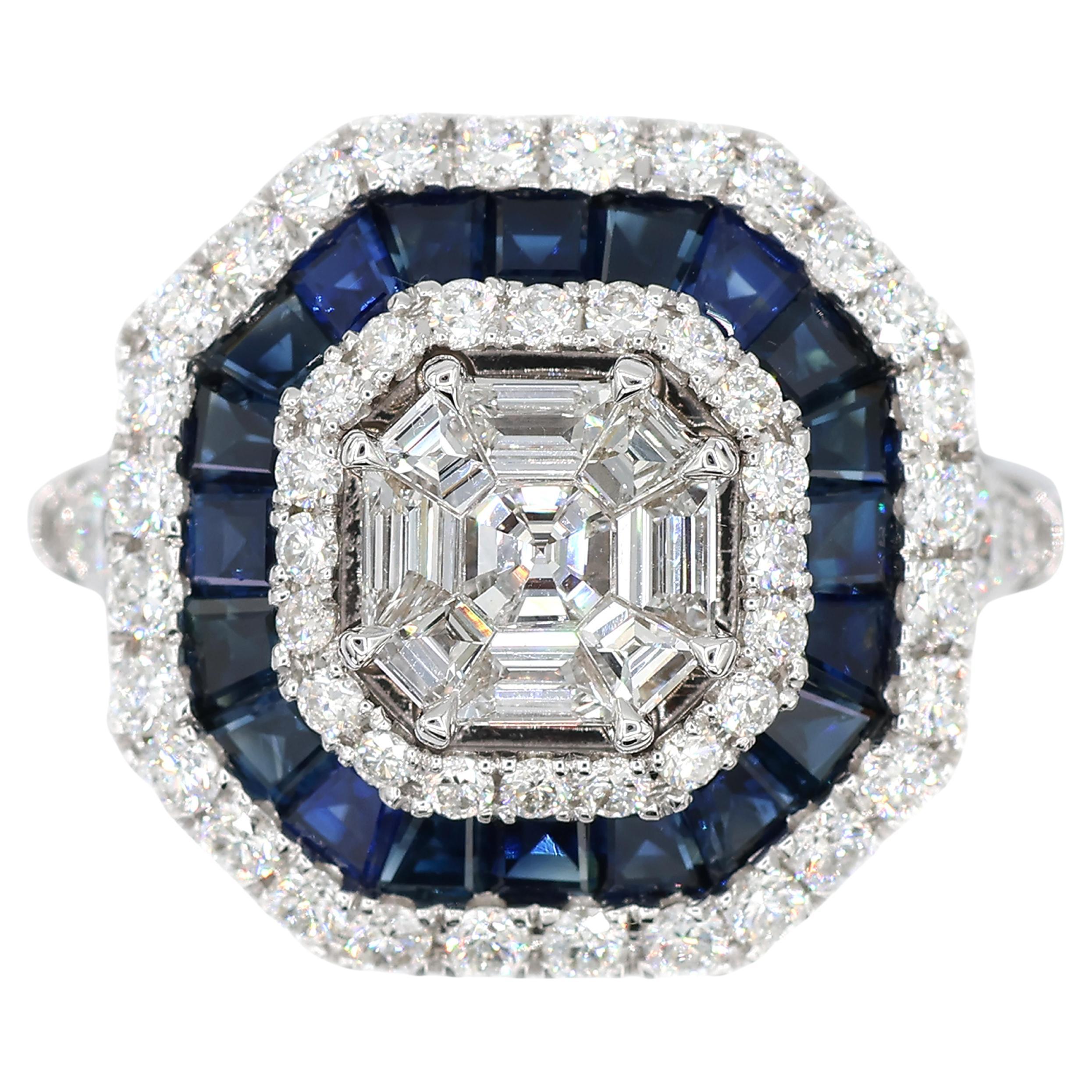 Bague en or blanc 750 millièmes (18K) saphir bleu royal et diamant naturel de taille Asscher Pie Cut