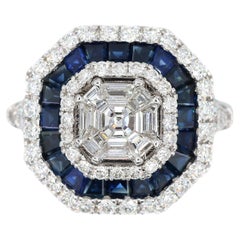 Bague en or blanc 750 millièmes (18K) saphir bleu royal et diamant naturel de taille Asscher Pie Cut