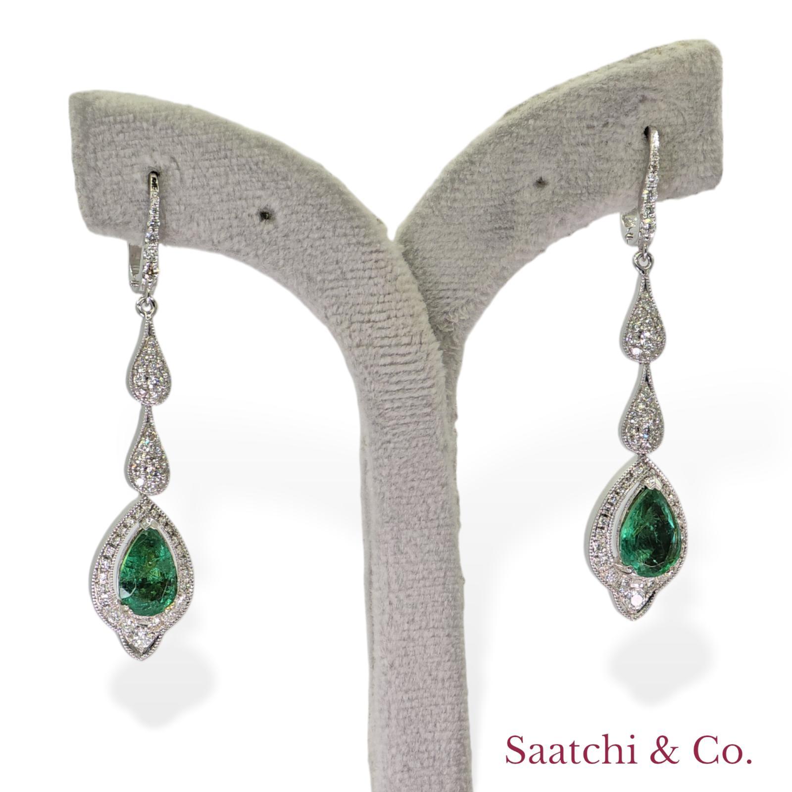 Contemporary 18k 750 White Gold Zambian Emerald and Natural Diamond Earrings For Sale