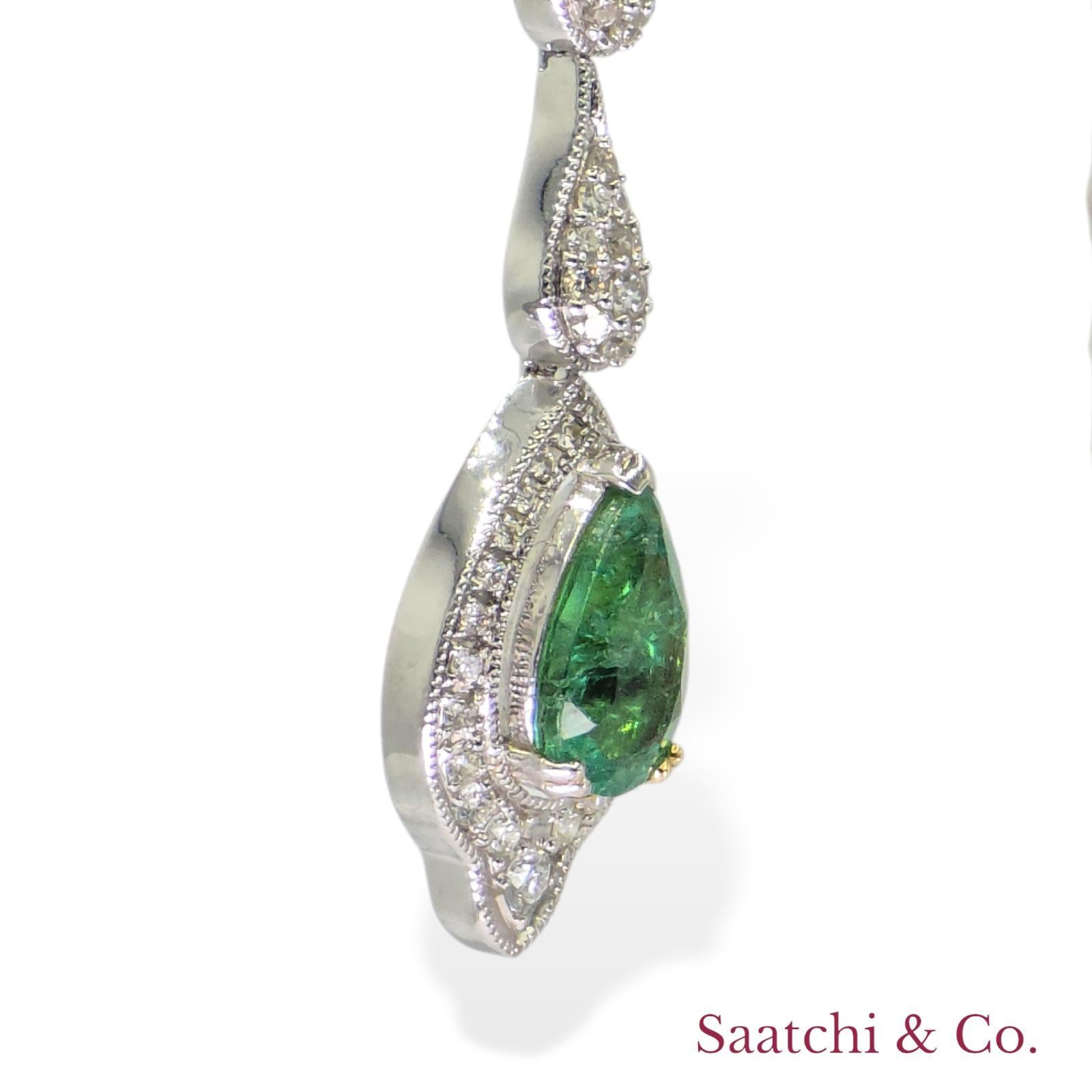 18k 750 White Gold Zambian Emerald and Natural Diamond Earrings In Excellent Condition For Sale In New York, NY
