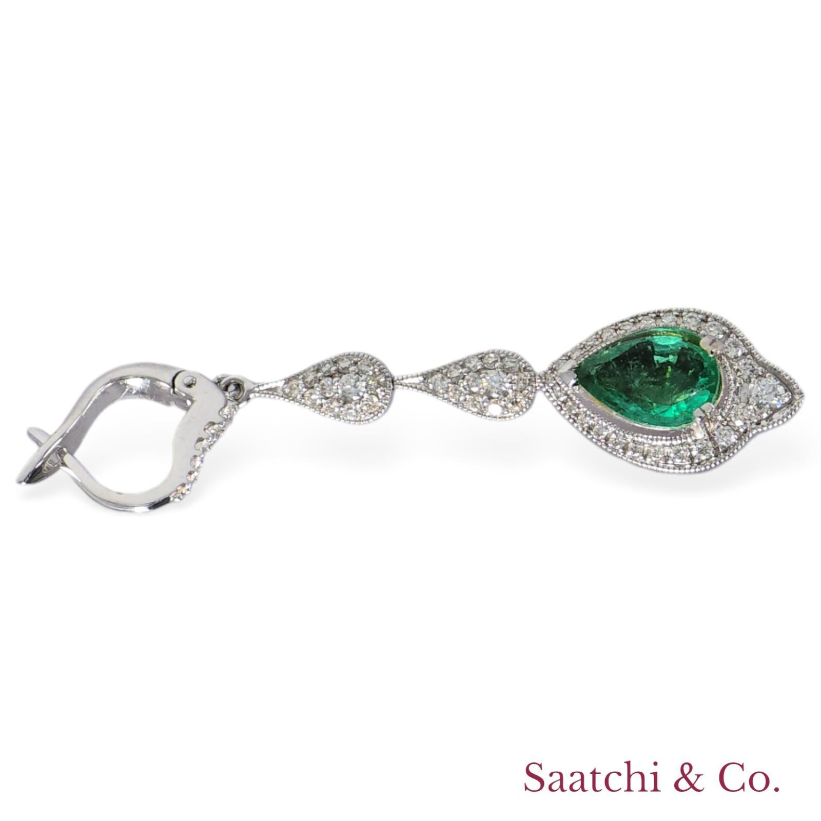 18k 750 White Gold Zambian Emerald and Natural Diamond Earrings For Sale 2