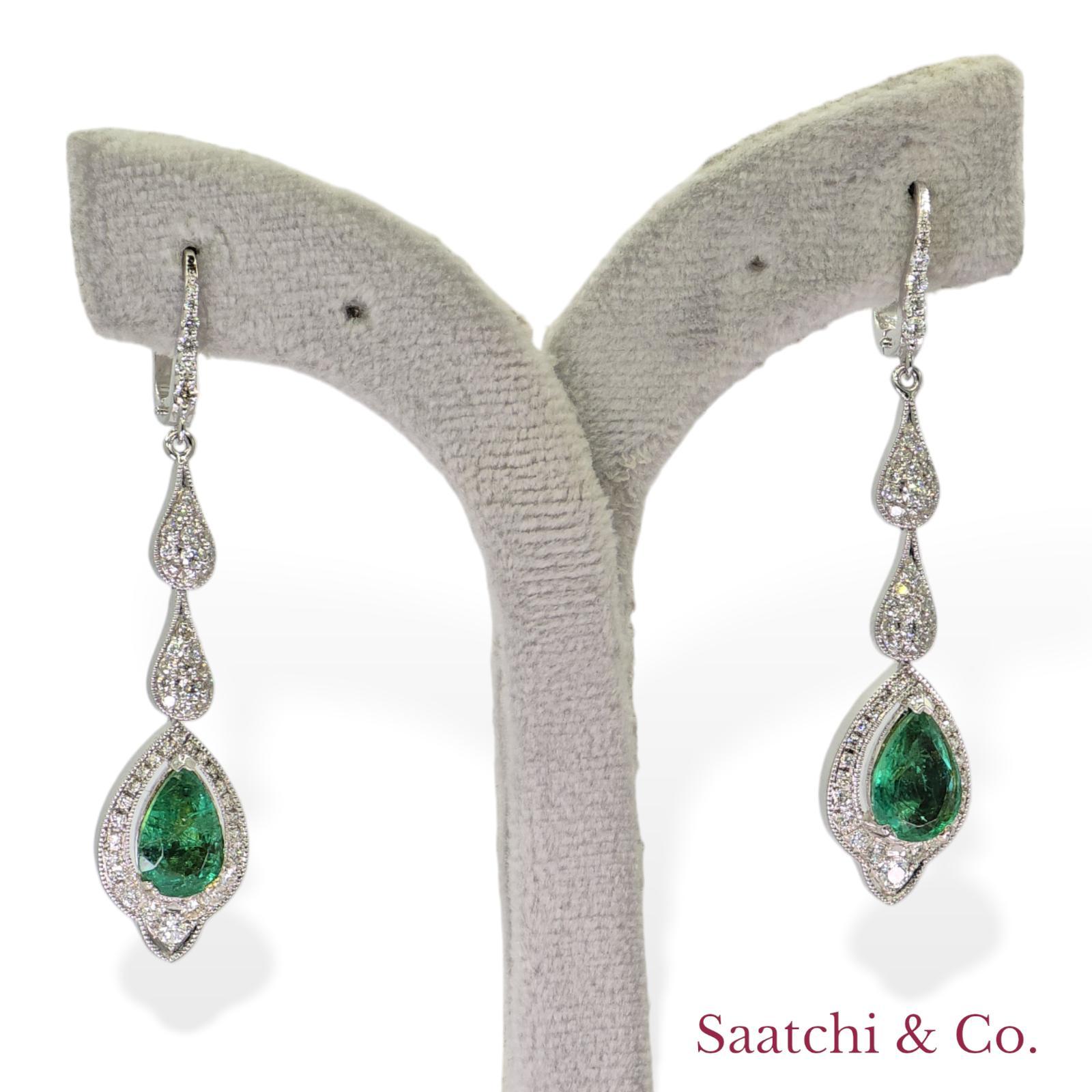 18k 750 White Gold Zambian Emerald and Natural Diamond Earrings For Sale 3