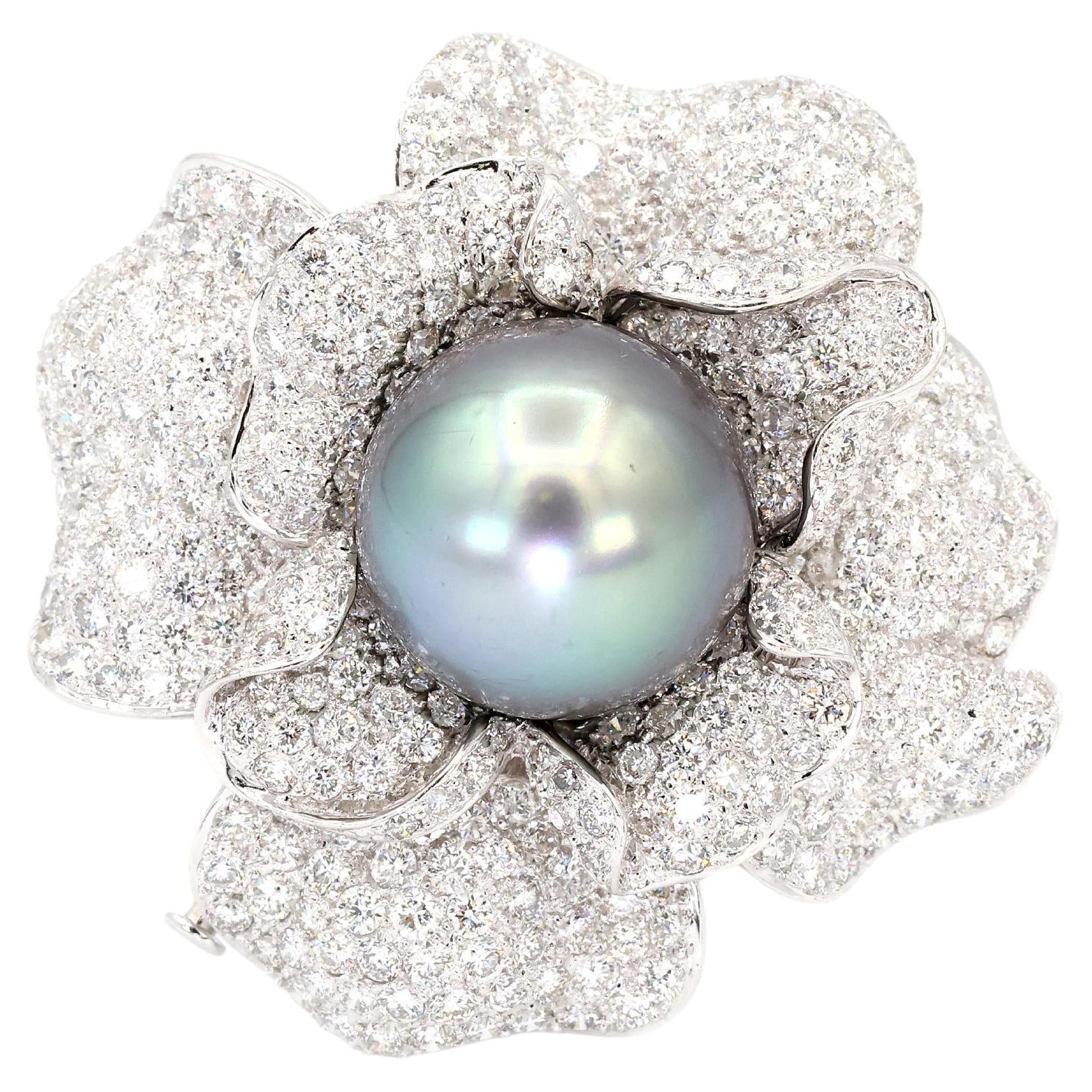 Broche/Pins/Pendiente/Collar 18K 750 Blanco Diamante Natural y Perla Negra