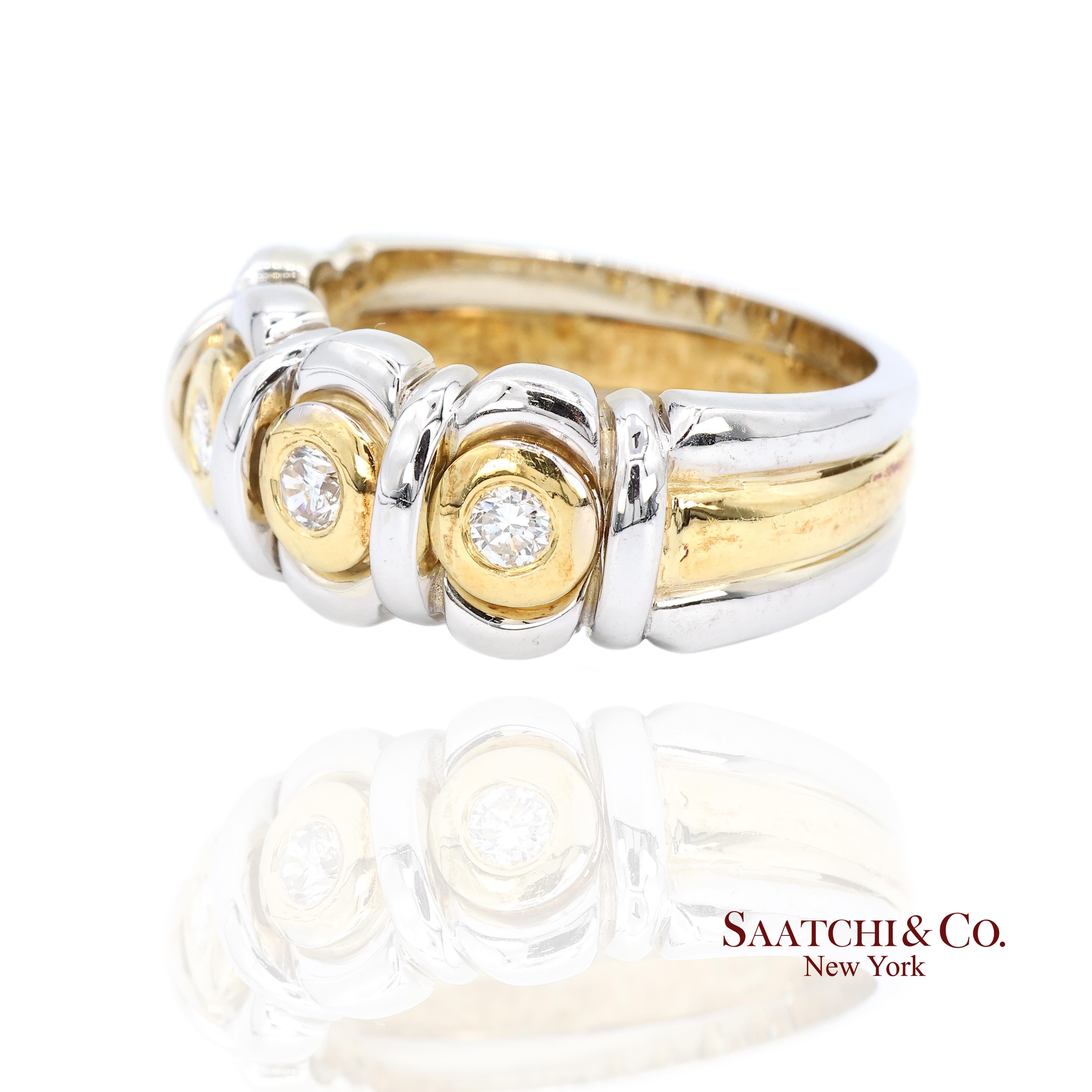 Anillo de Diamantes Naturales en Oro Amarillo Blanco de 18k 750 en Dos Tonos Talla 7.5 Corte redondo en venta