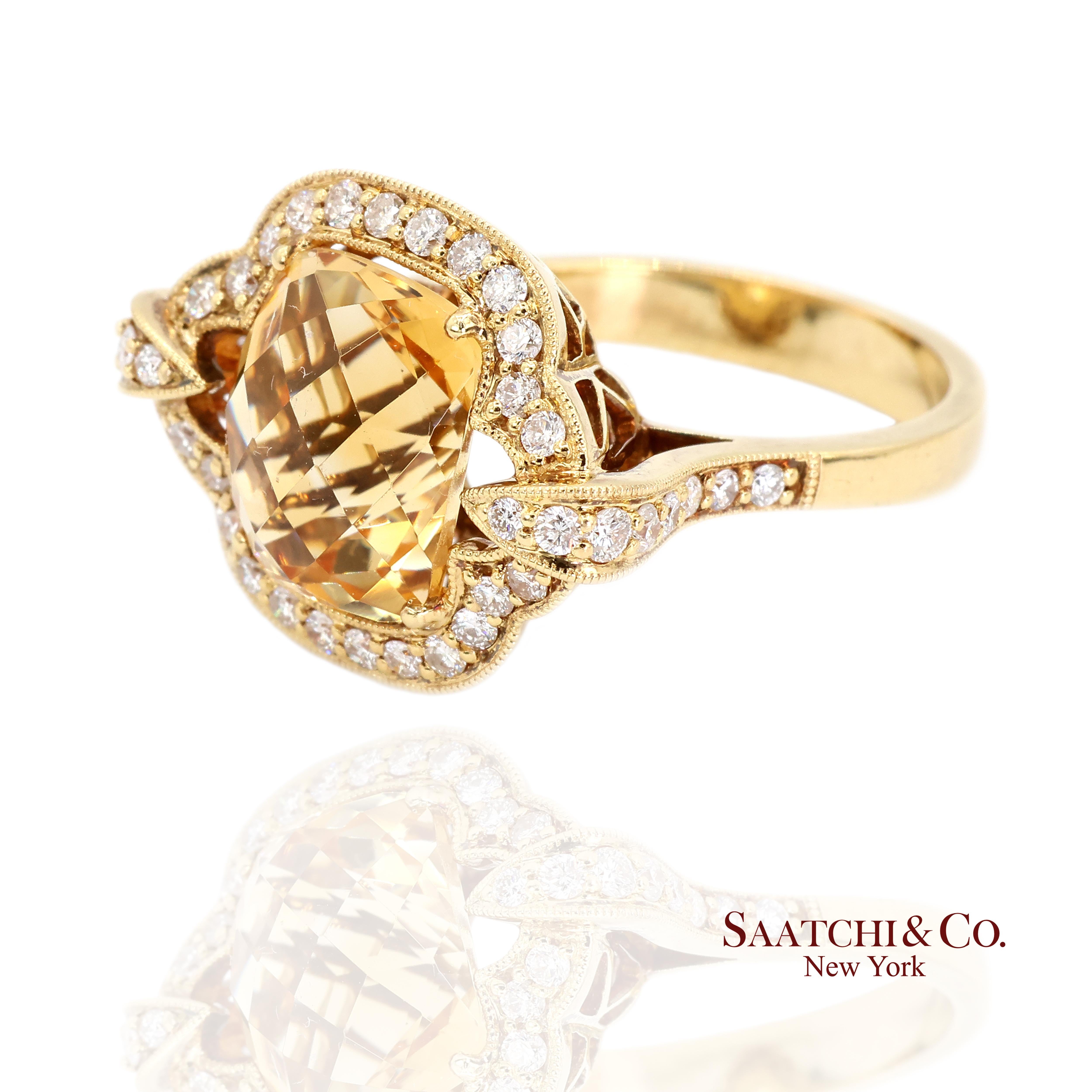 Taglio cuscino Anello con diamante naturale Citrino in oro giallo 18K 750 in vendita