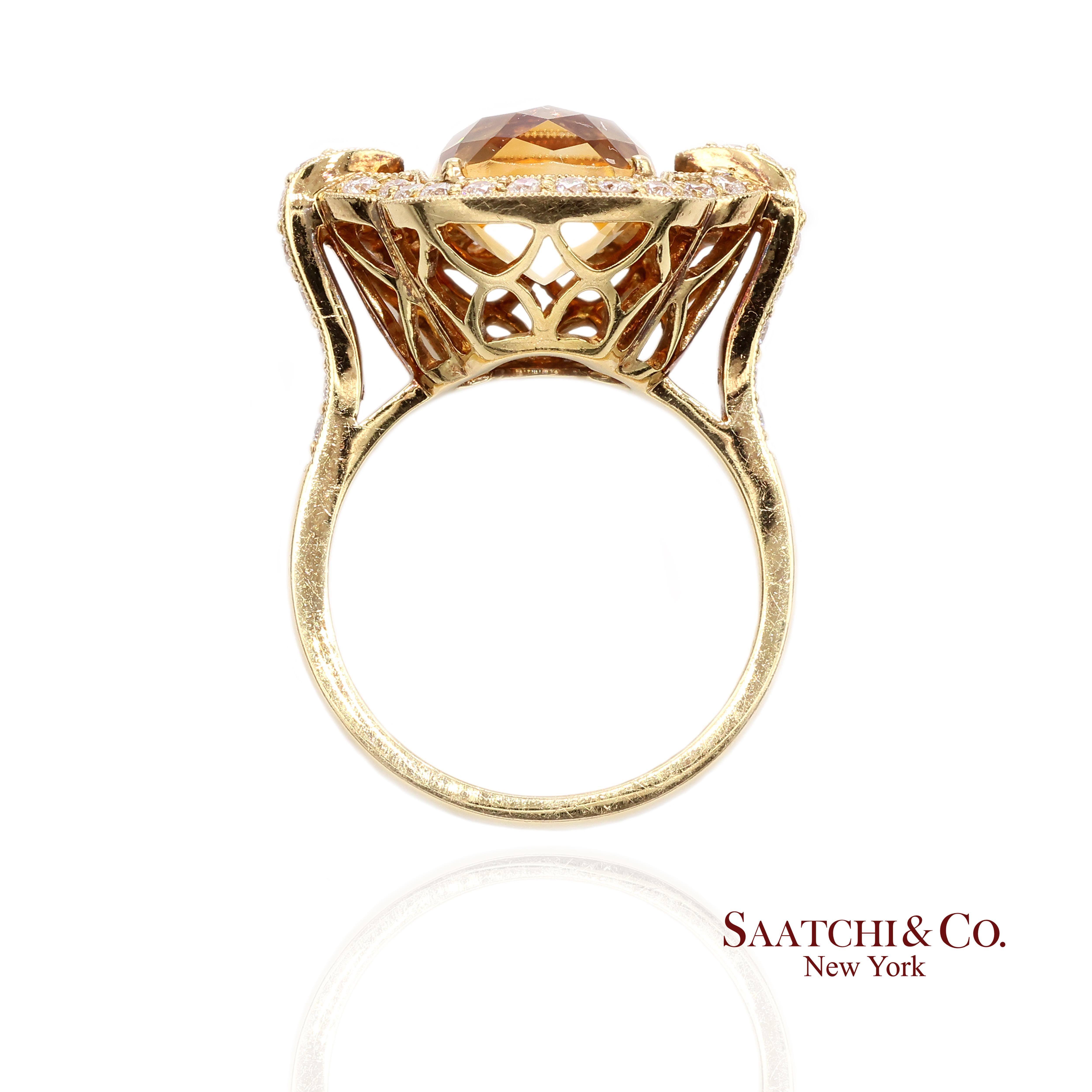 Anello con diamante naturale Citrino in oro giallo 18K 750 in vendita 1