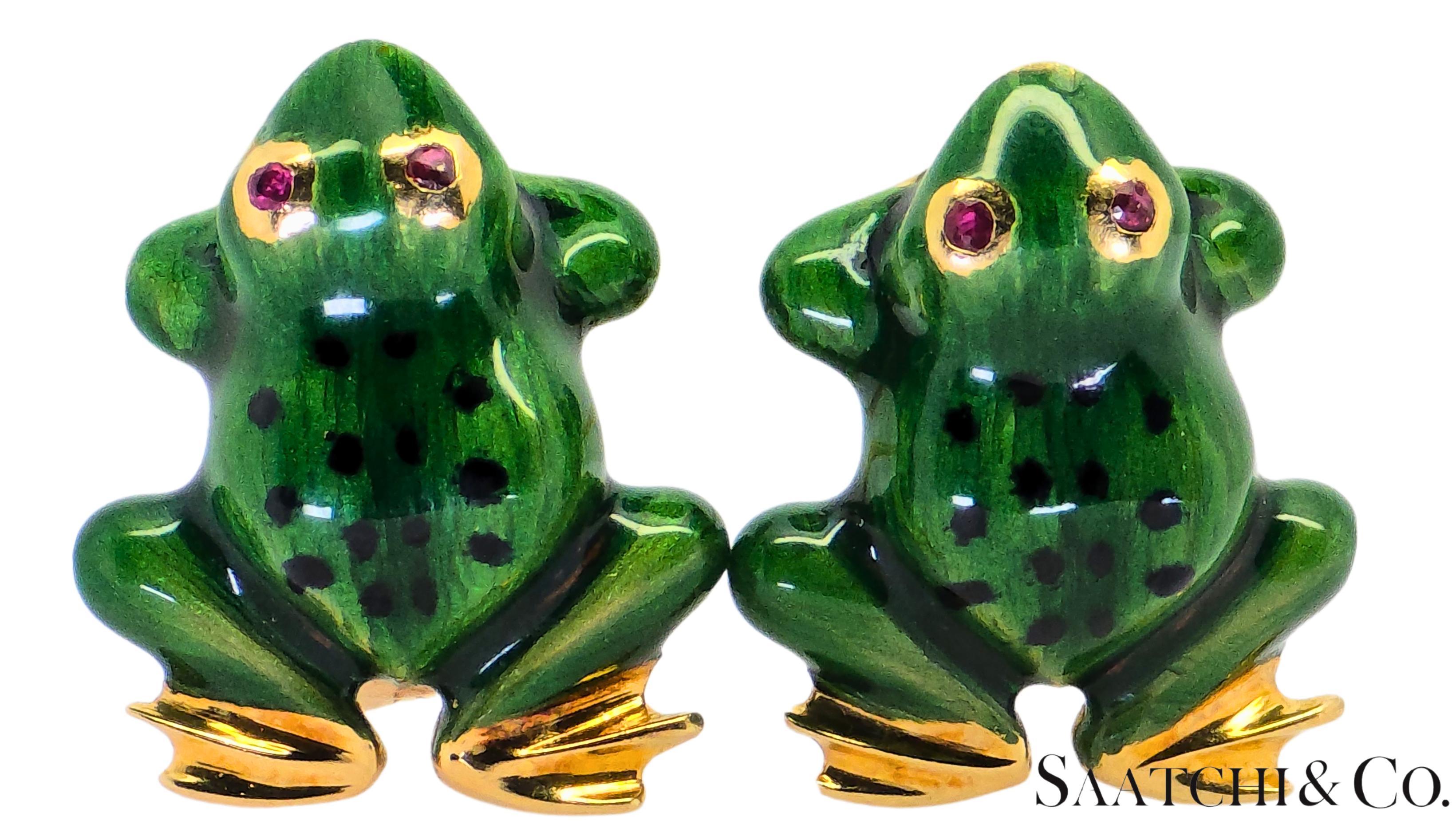 Taille brillant Or jaune 18K 750 - émail et rubis naturel, taille ronde et brillante : Boucle d'oreille grenouille en vente