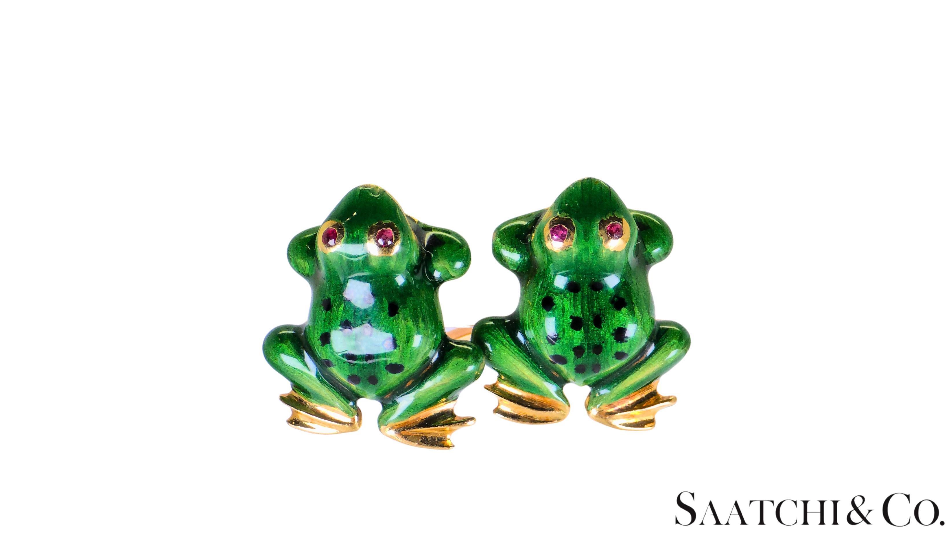 Or jaune 18K 750 - émail et rubis naturel, taille ronde et brillante : Boucle d'oreille grenouille Pour femmes en vente