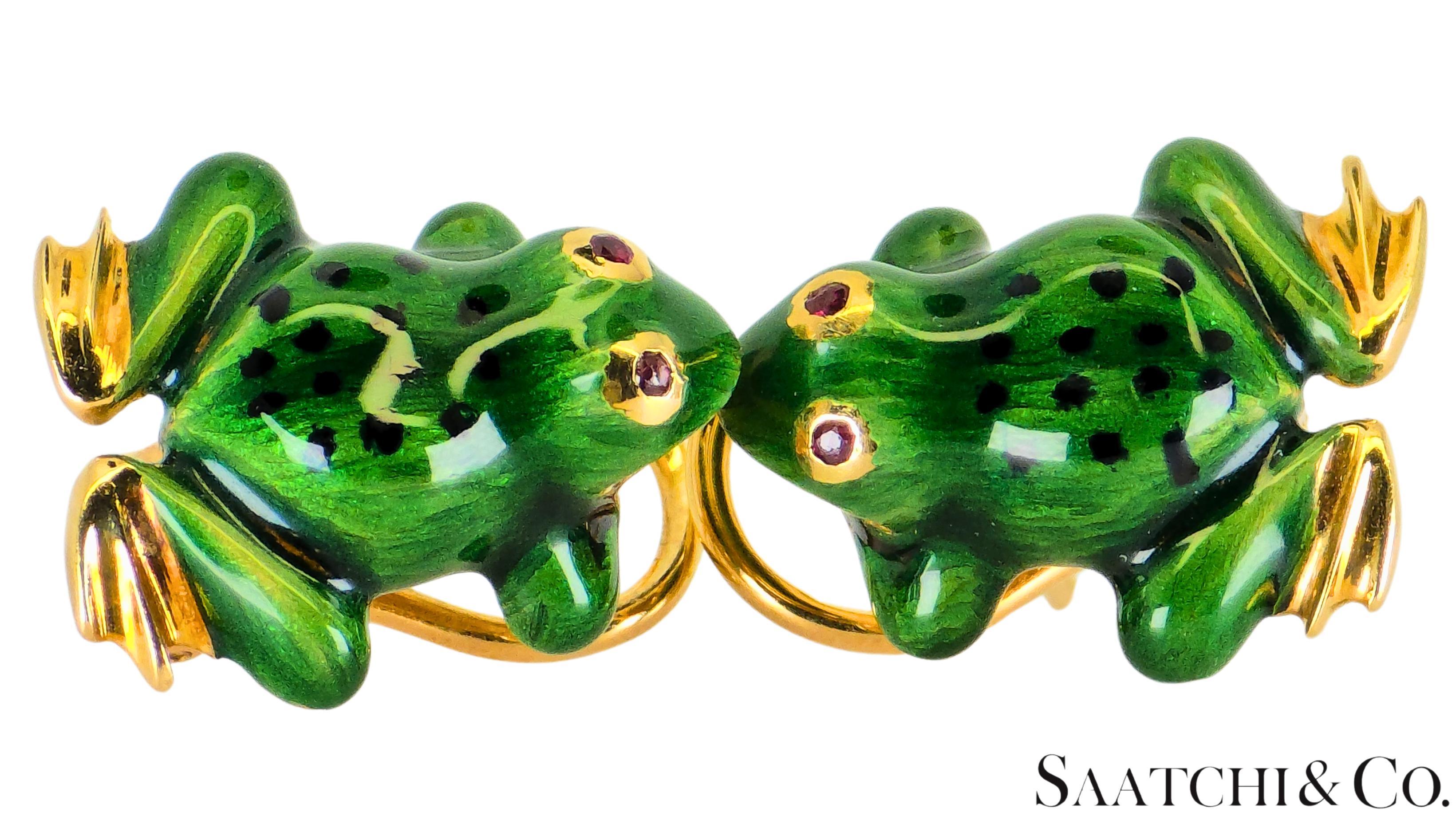 Or jaune 18K 750 - émail et rubis naturel, taille ronde et brillante : Boucle d'oreille grenouille en vente 2