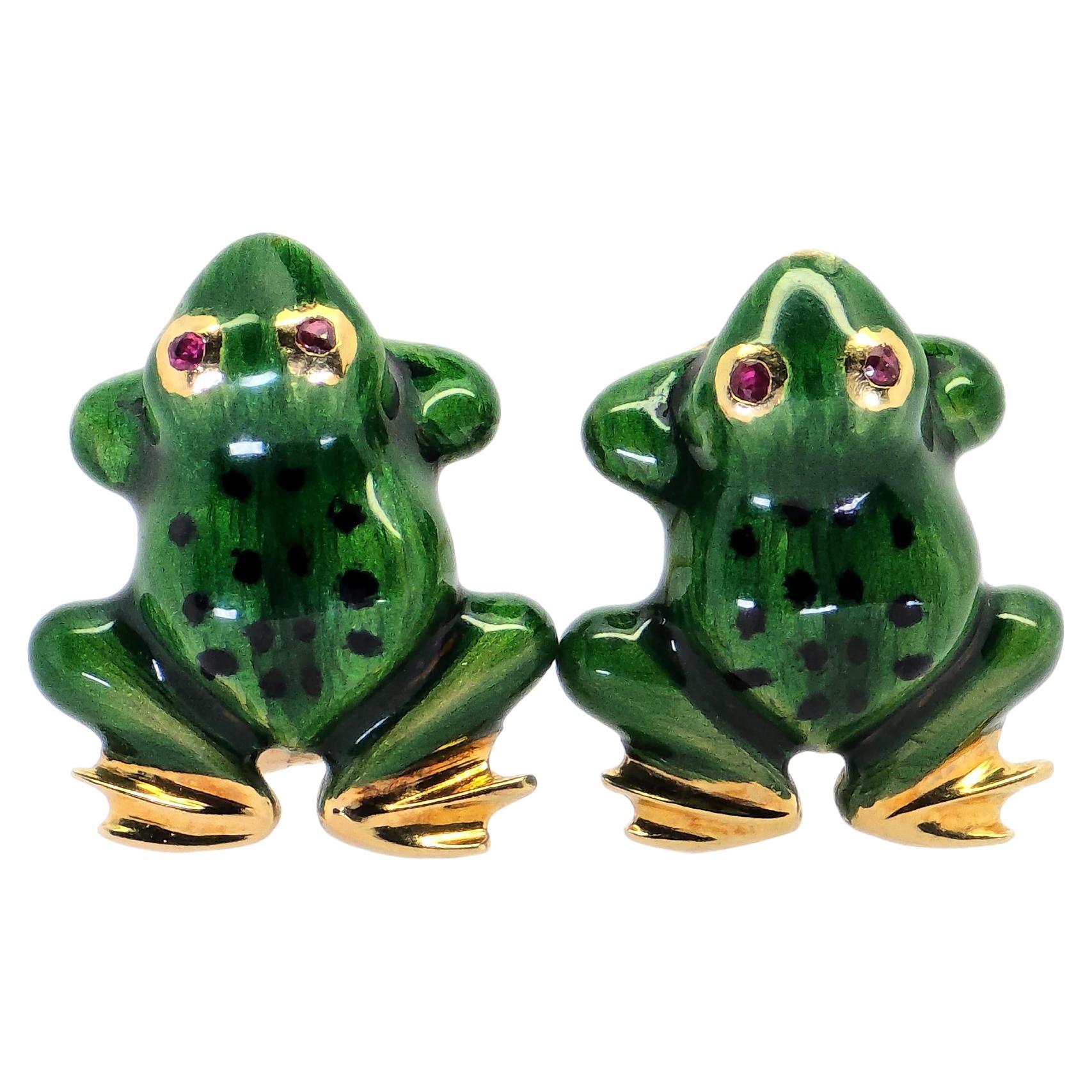 18K 750 Gelbgold - Emaille & Naturrubin, runder Brillantschliff: Frosch-Ohrring