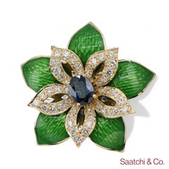 18K 750 Yellow Gold Green Enamel Sapphire Diamond Pin / Brooch