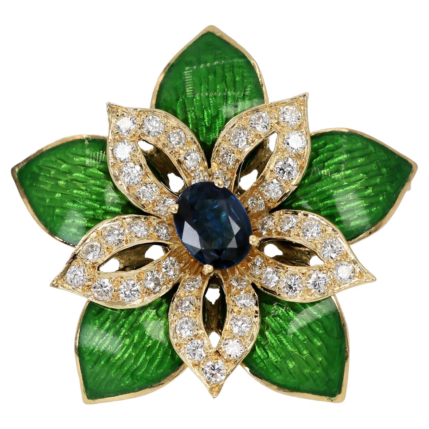 Spilla con diamante e zaffiro in smalto verde in oro giallo 18K 750