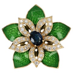 18K 750 Yellow Gold Green Enamel Sapphire Diamond Pin / Brooch