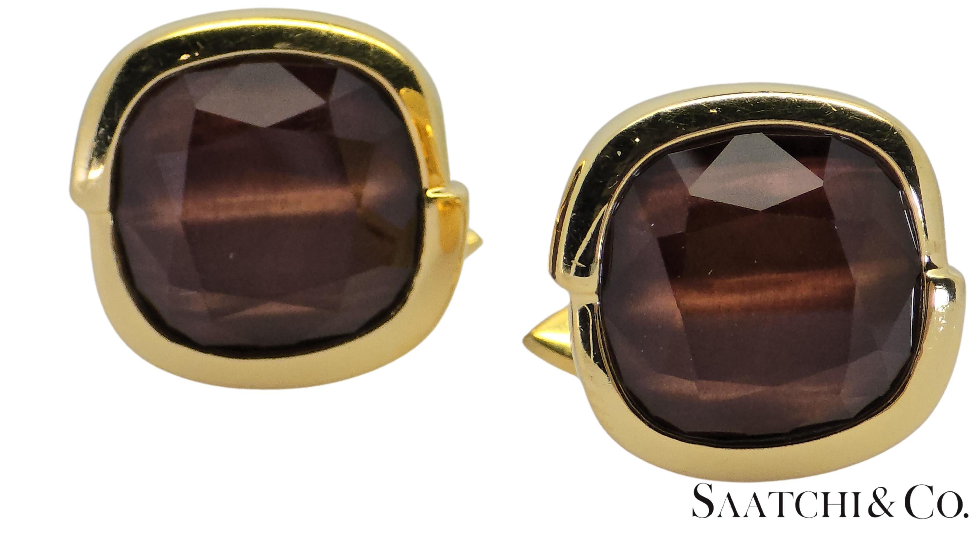 Contemporary 18K 750 Yellow Gold - Natural 15 Ct Brown Quartz: Cufflinks For Sale