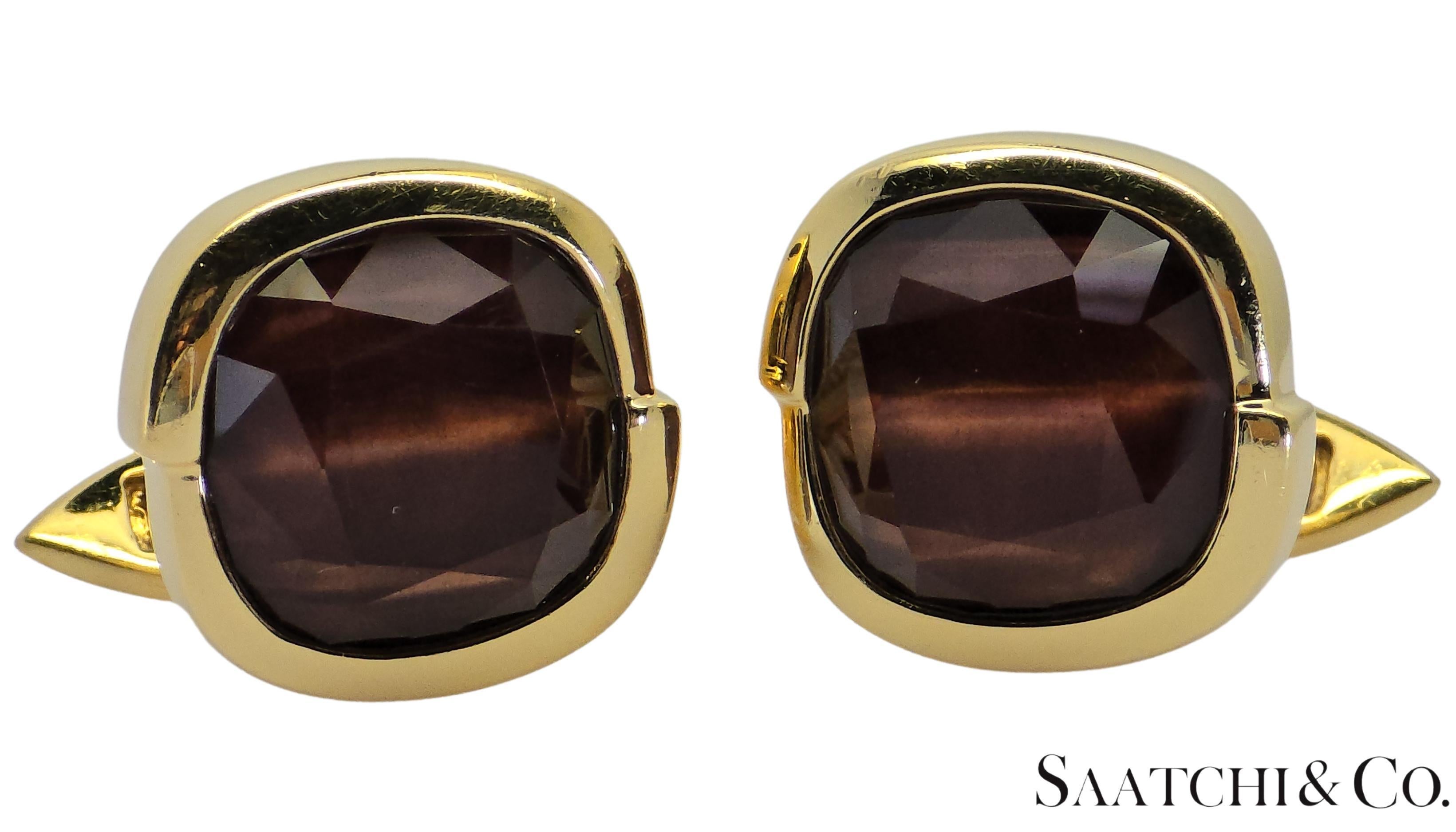 Square Cut 18K 750 Yellow Gold - Natural 15 Ct Brown Quartz: Cufflinks For Sale