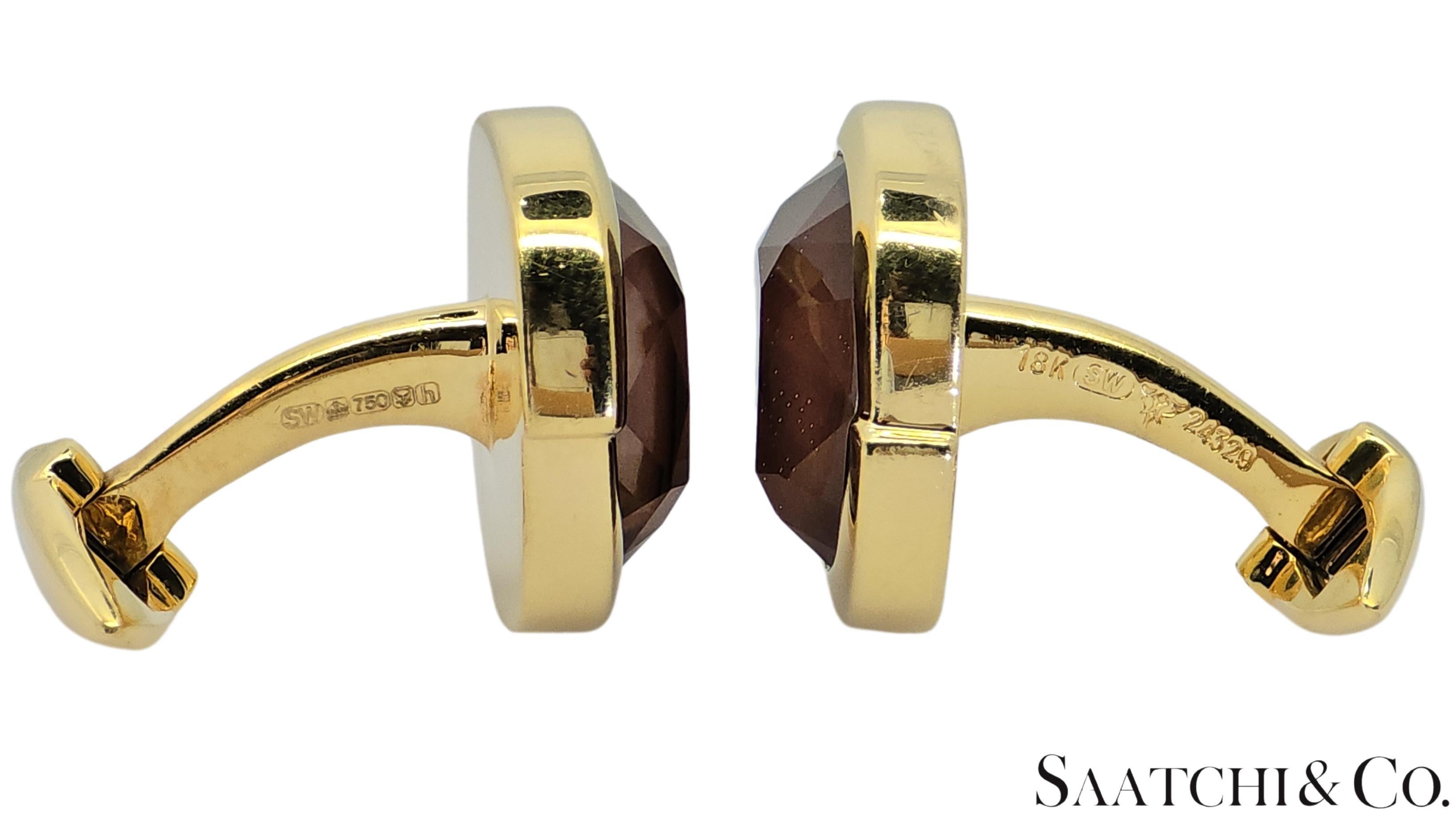 18K 750 Yellow Gold - Natural 15 Ct Brown Quartz: Cufflinks In Excellent Condition For Sale In New York, NY