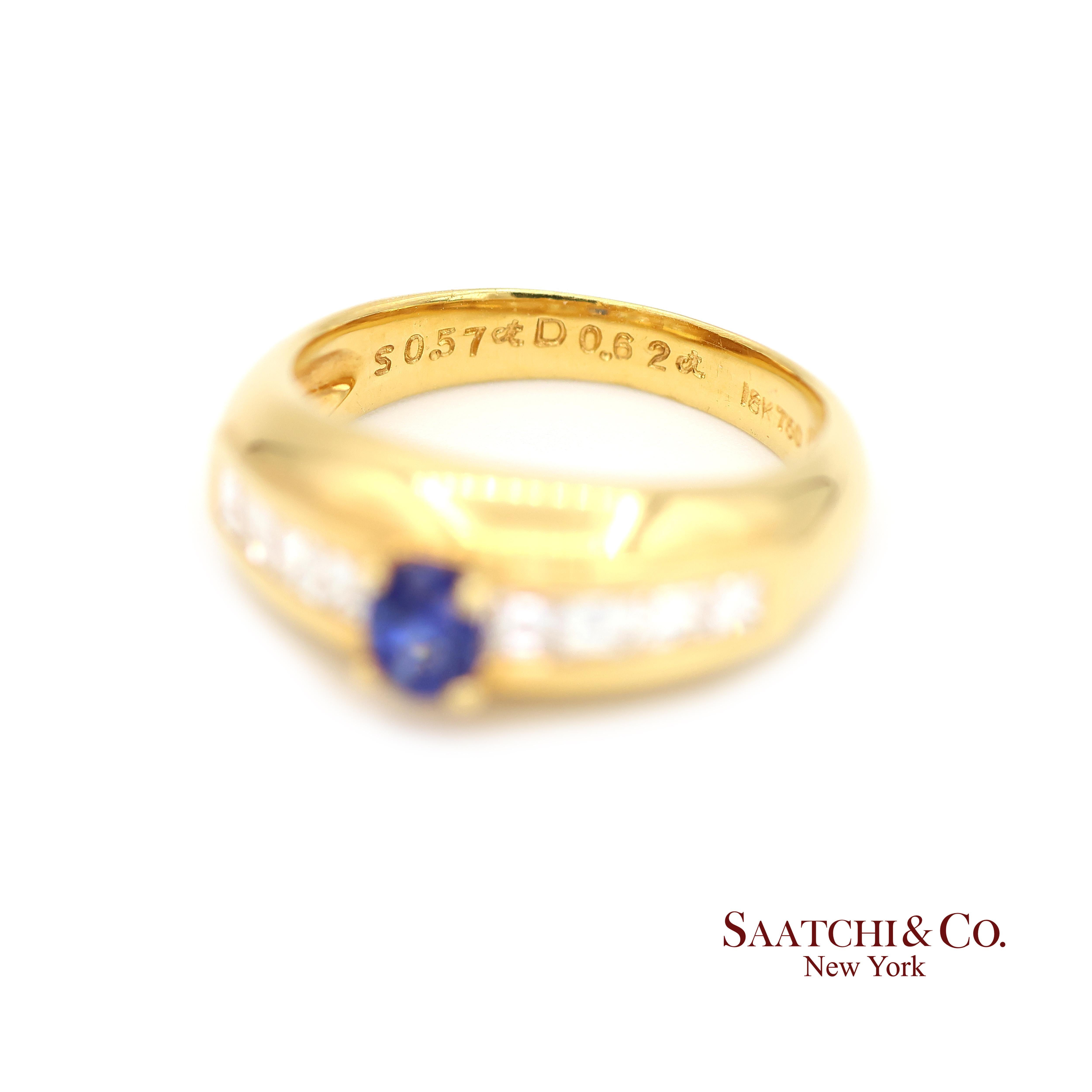 Femenino o masculino Anillo de oro amarillo 750 de 18k con zafiro azul natural y diamante natural en venta