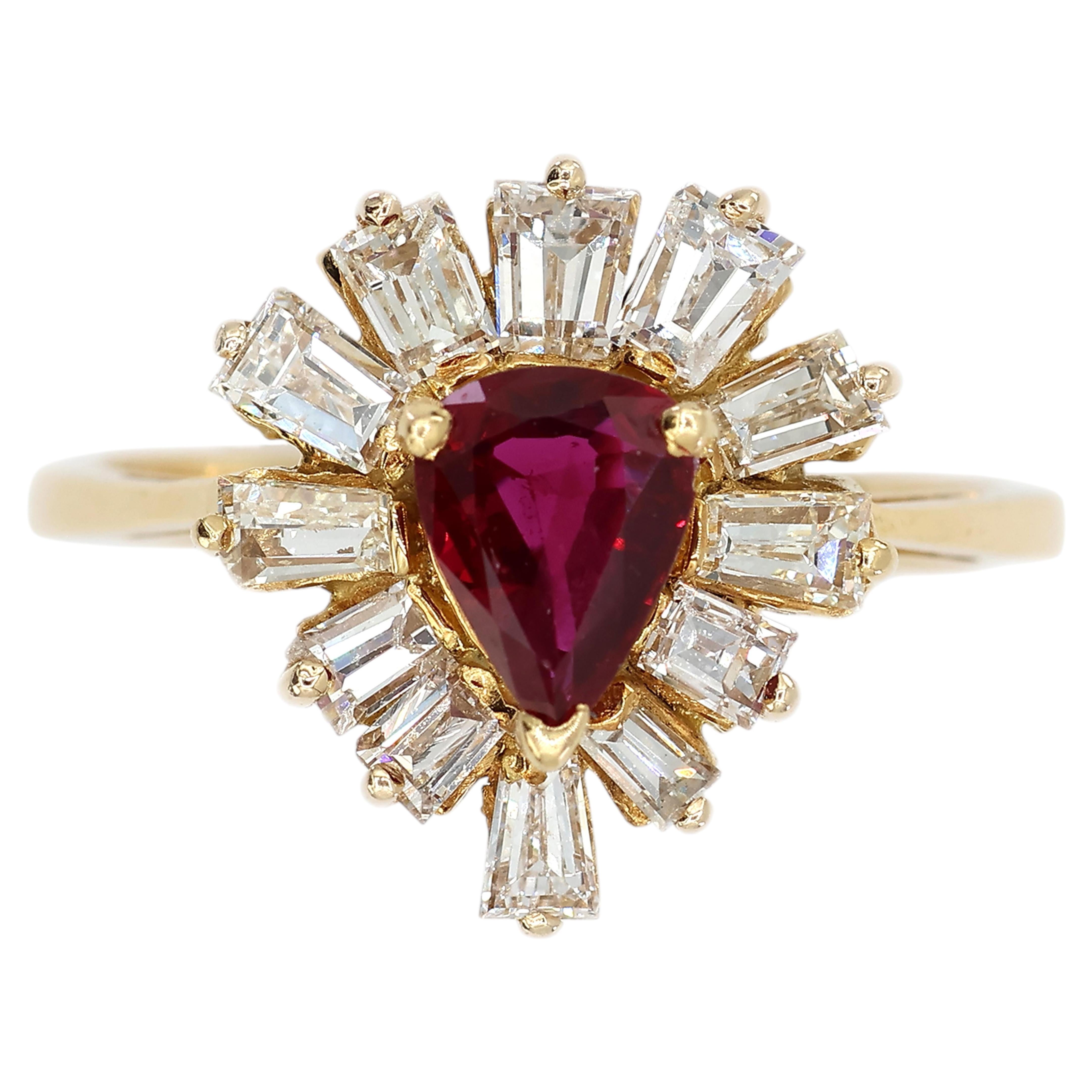 18K 750 Yellow Gold Natural Diamond Ballerina Ruby Ring For Sale