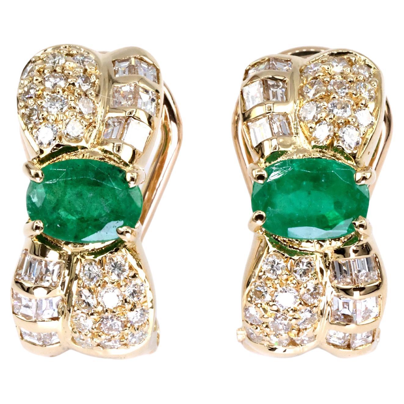 18k 750 Yellow Gold Natural Emerald and Diamond Earrings