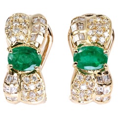 18k 750 Yellow Gold Natural Emerald and Diamond Earrings