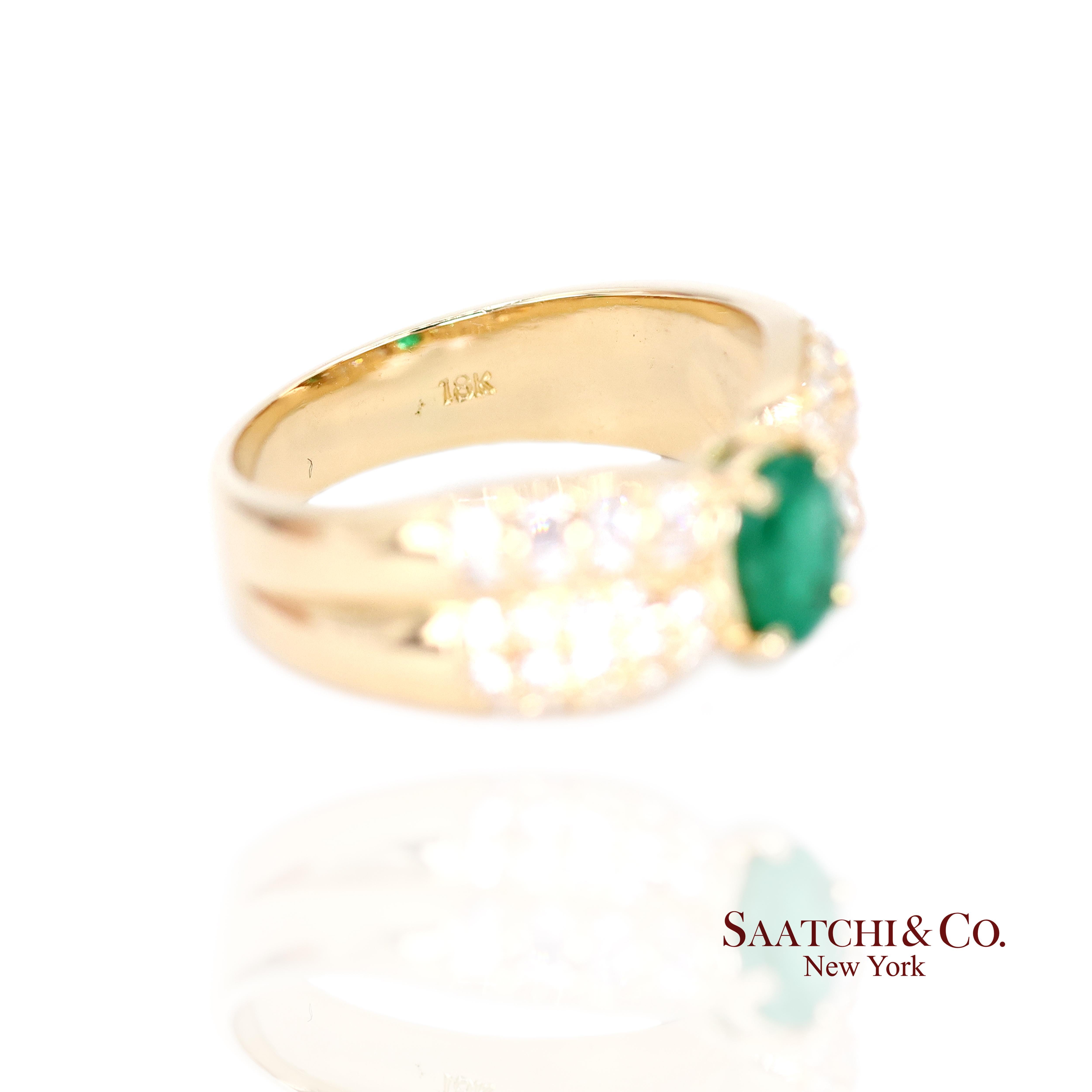 Bague en or jaune 18k 750 émeraudes naturelles et diamants Pour femmes en vente