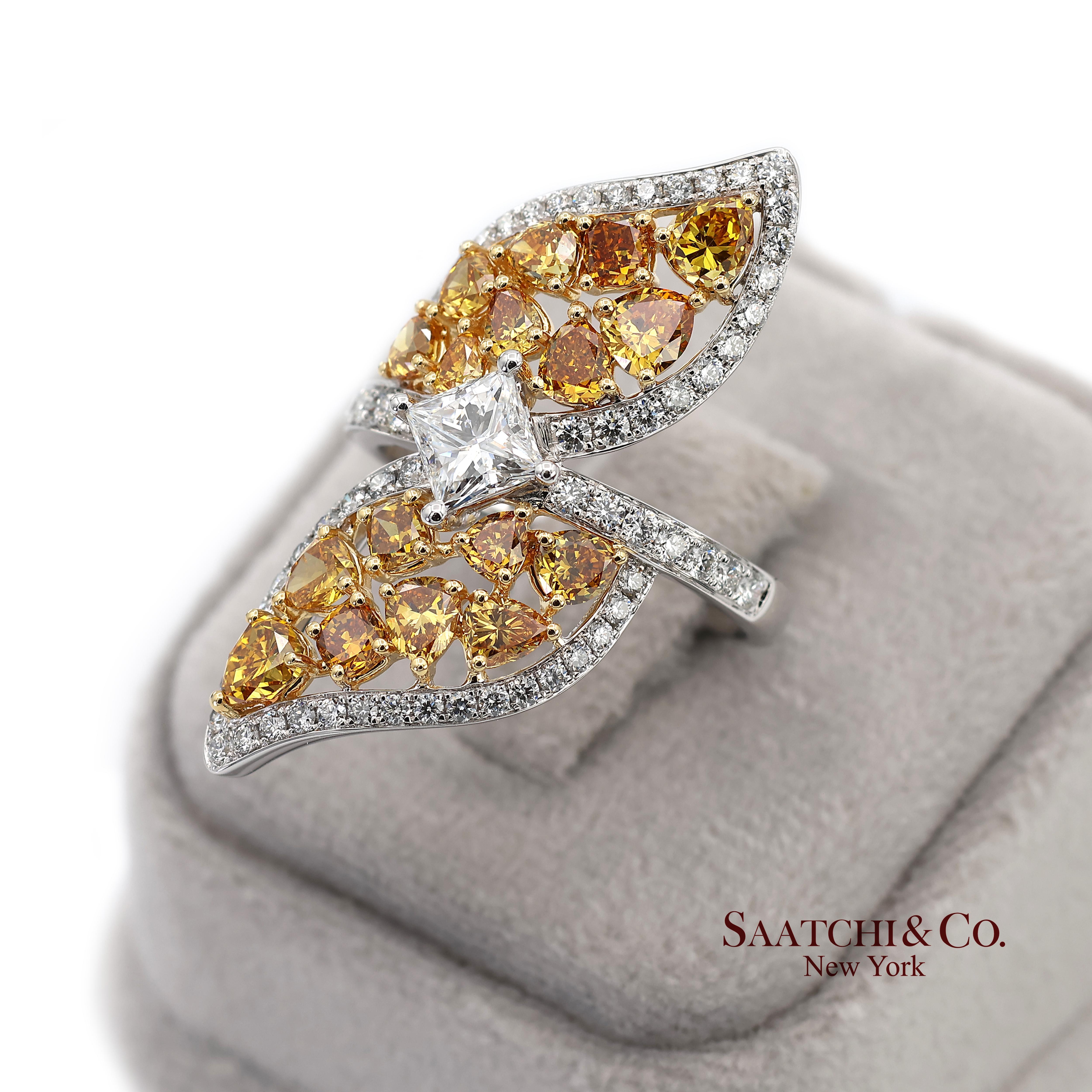 Bague en or jaune 18k 750 diamants naturels de couleur jaune fantaisie en vente 6