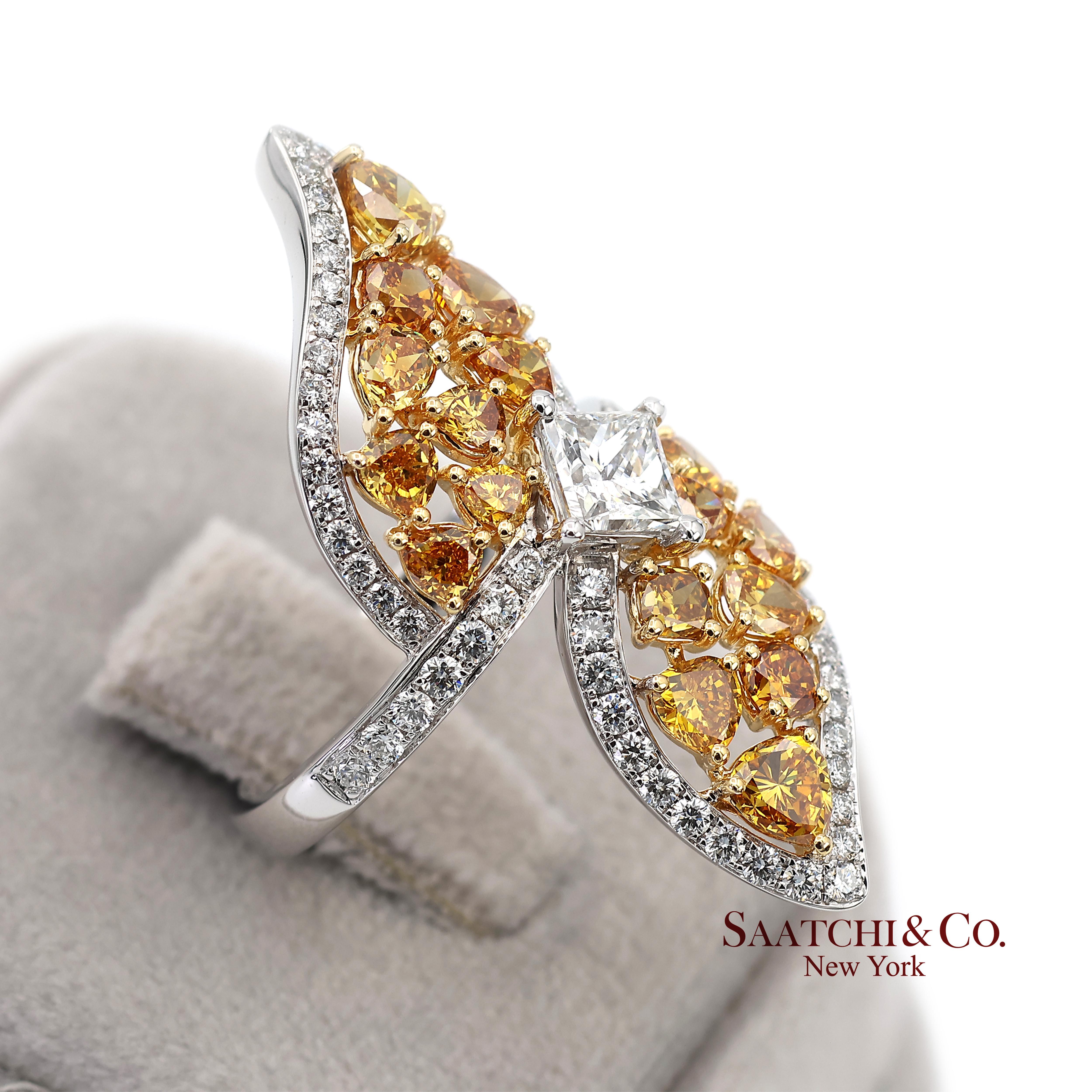 Bague en or jaune 18k 750 diamants naturels de couleur jaune fantaisie en vente 7