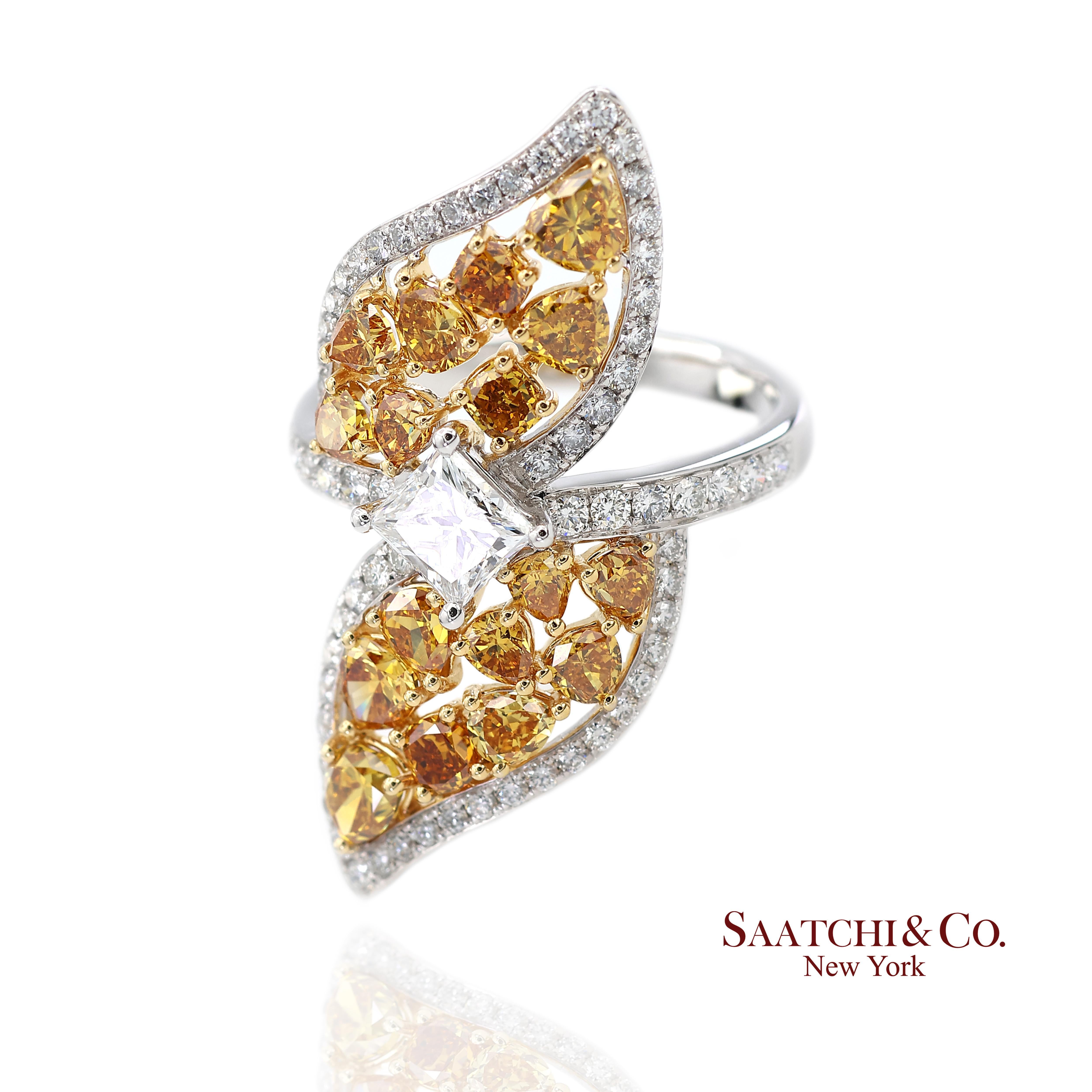 Contemporain Bague en or jaune 18k 750 diamants naturels de couleur jaune fantaisie en vente