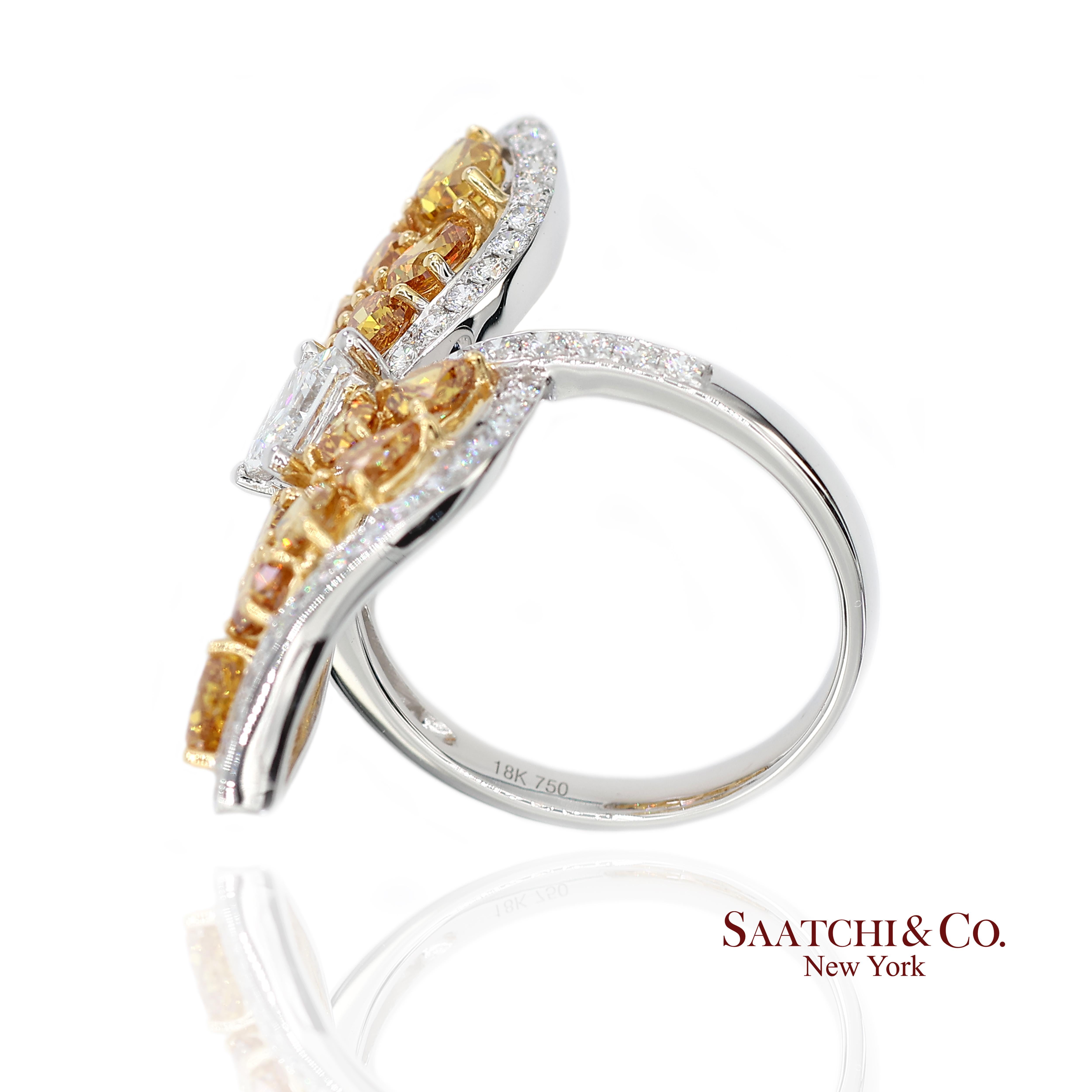 Bague en or jaune 18k 750 diamants naturels de couleur jaune fantaisie en vente 1