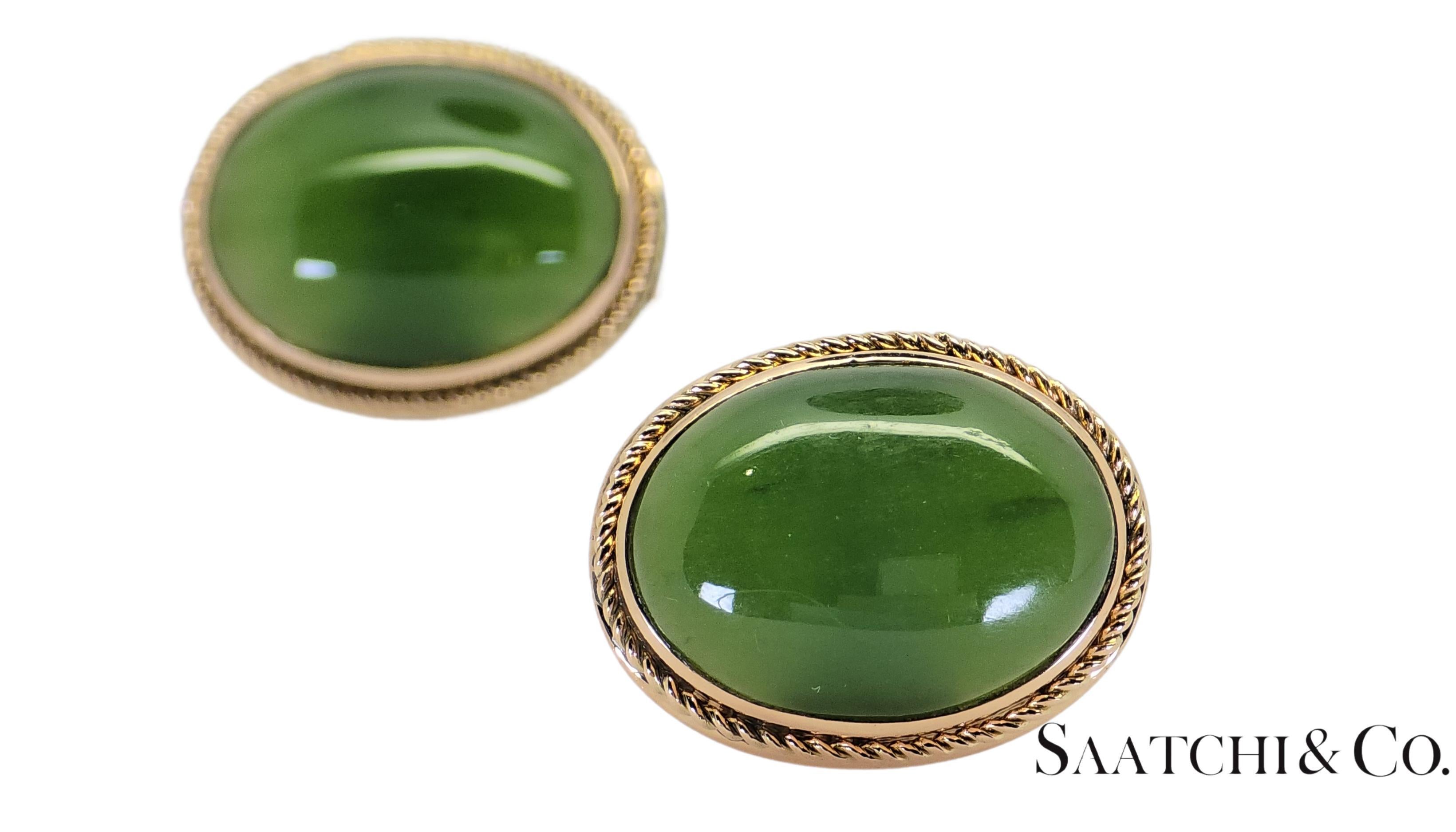 Or jaune 18K 750 - Jade vert naturel taillé en cabochon : boutons de manchette Unisexe en vente