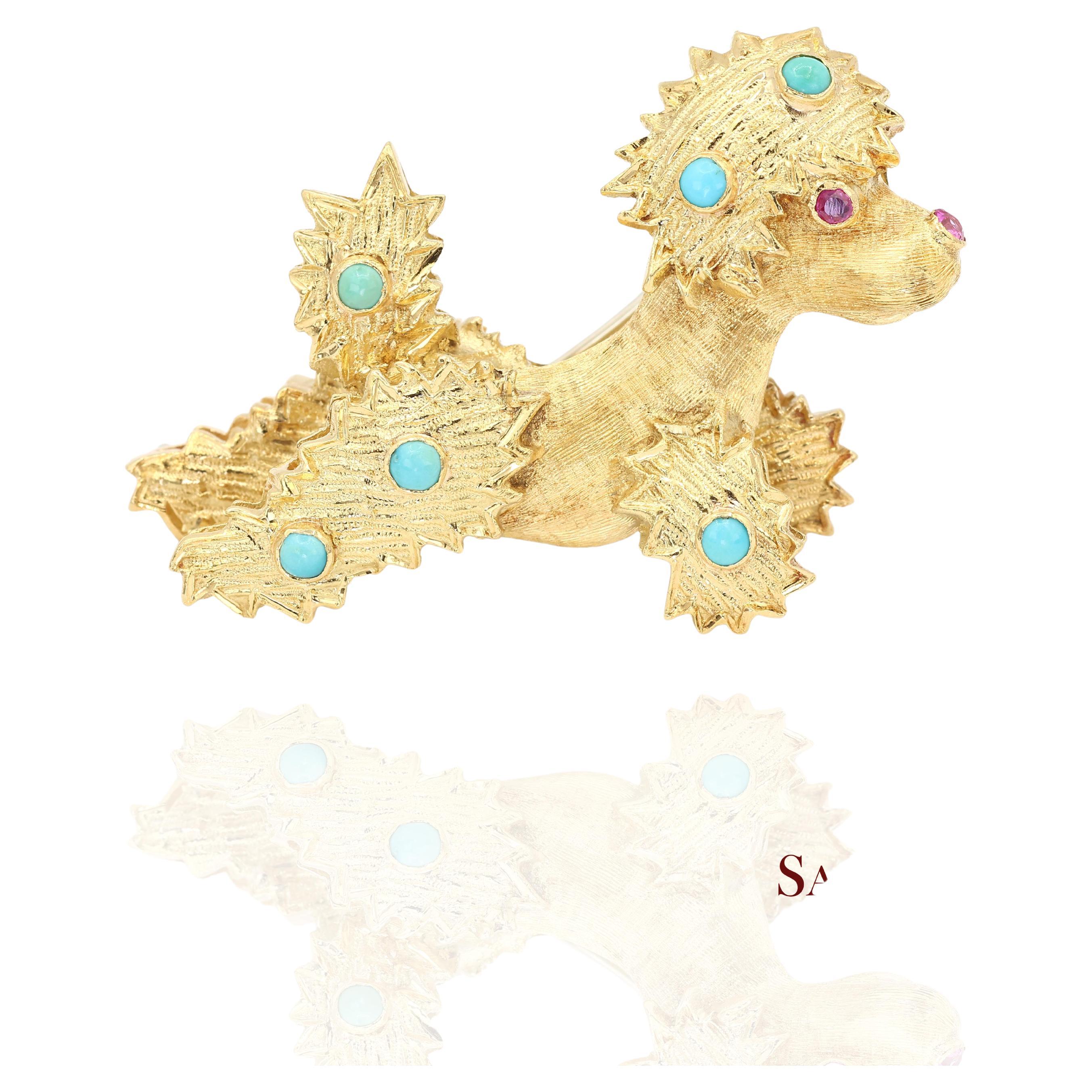 18k 750 Yellow Gold Natural Turquoise Poodle Brooch Pin