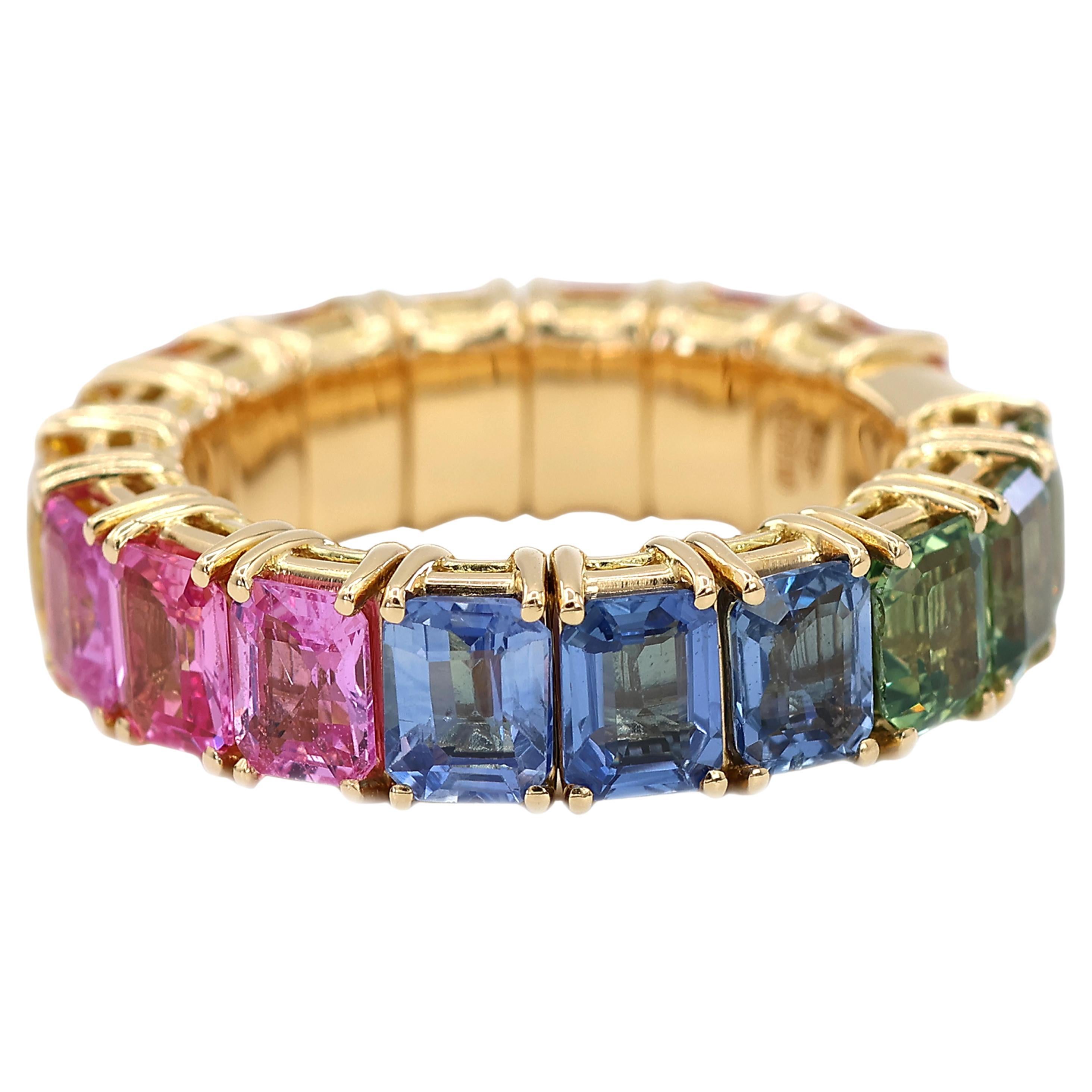 Anillo elástico de eternidad de zafiro natural arco iris italiano Zydo de oro amarillo de 18 quilates 750 en venta