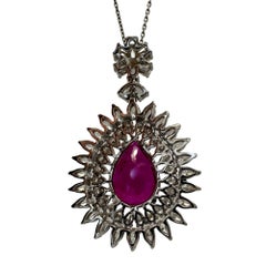 18k African Ruby and Princess Cut Diamond Pendant Necklace