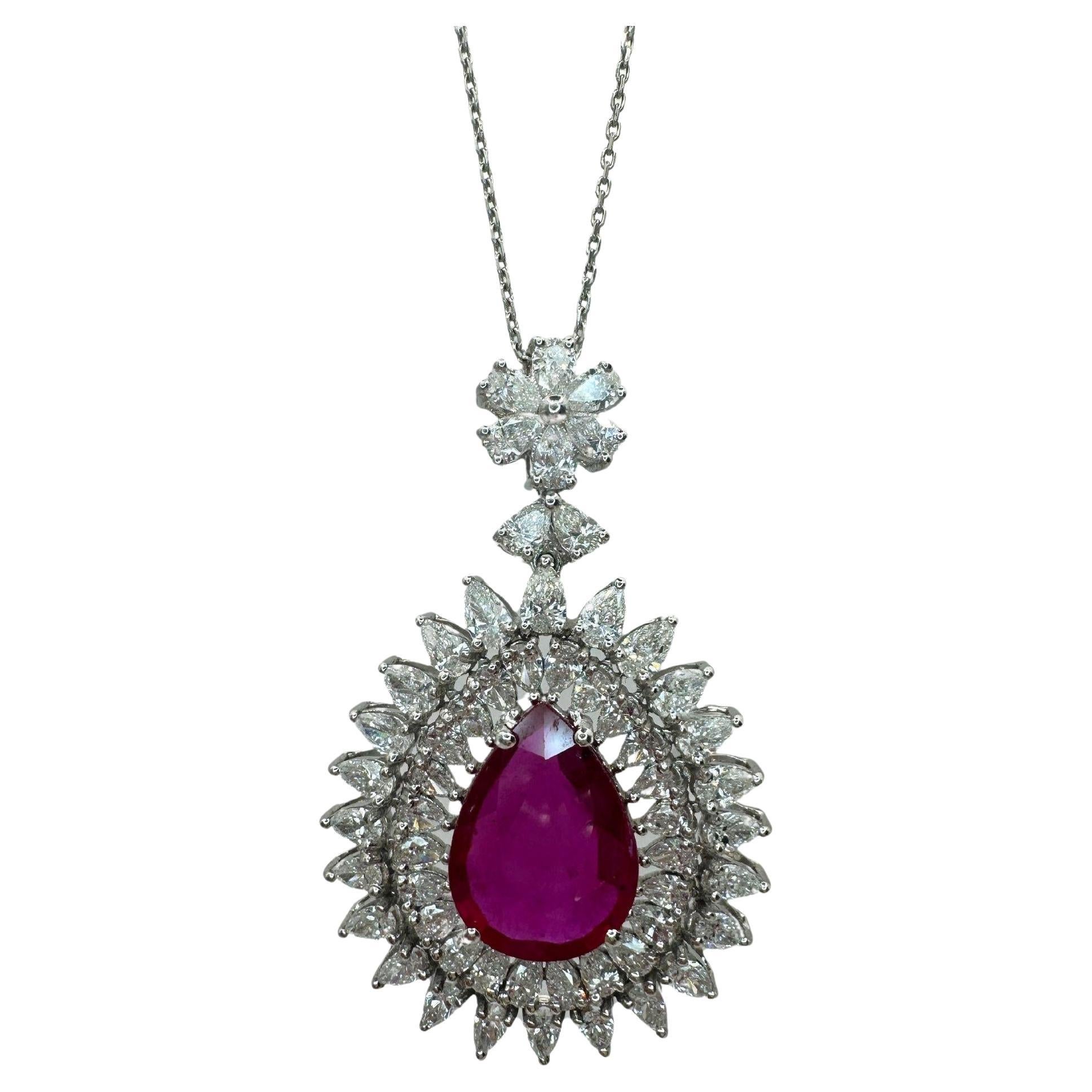 18k African Ruby and Princess Cut Diamond Pendant Necklace For Sale