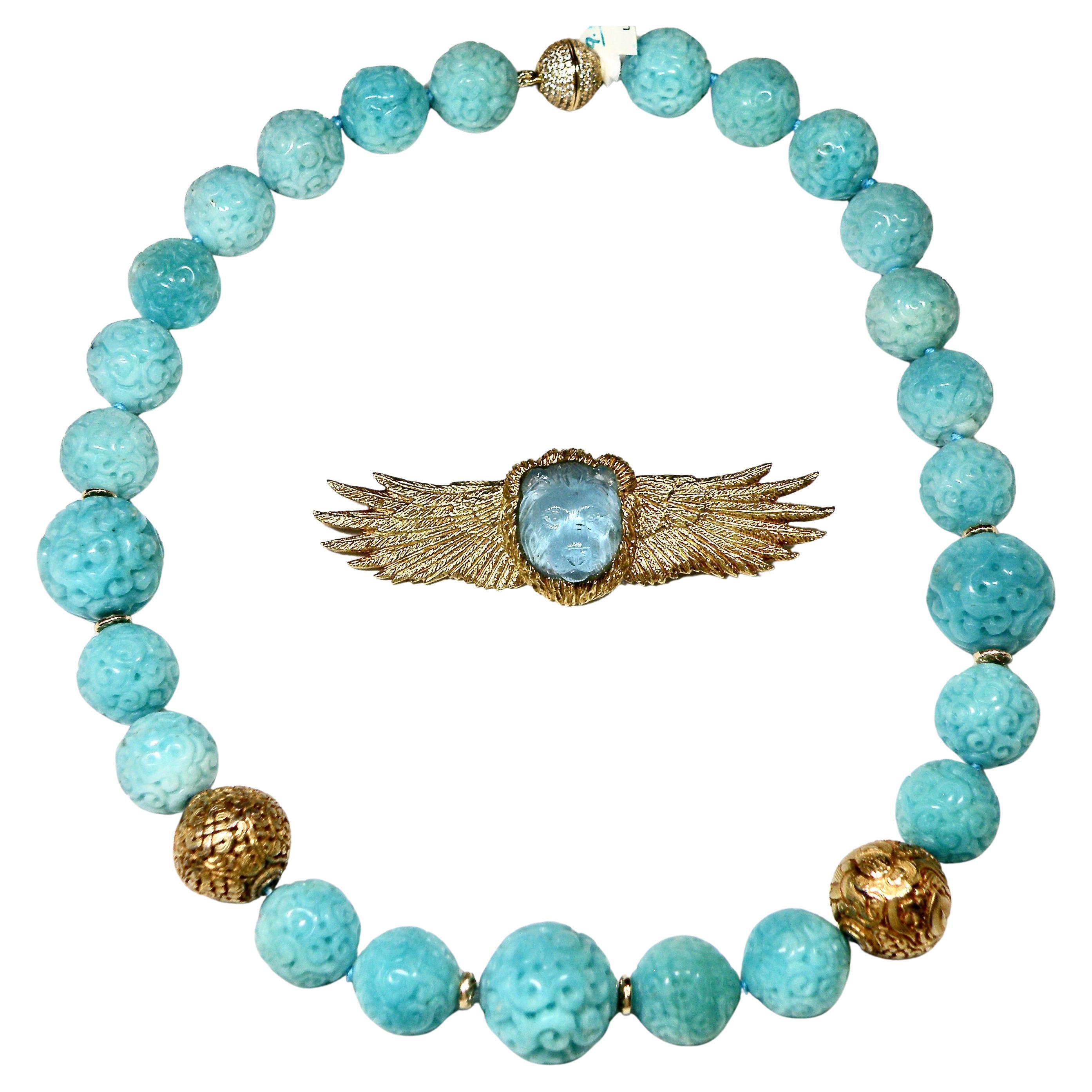 Collar de bolas talladas de Amazonita de 18 quilates, con bolas de 18 quilates en venta