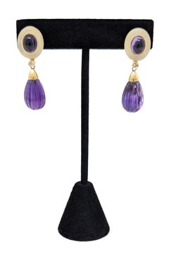 18k Amethyst Diamond Drop Dangle Earrings Solid Yellow Gold Teardrop Statement