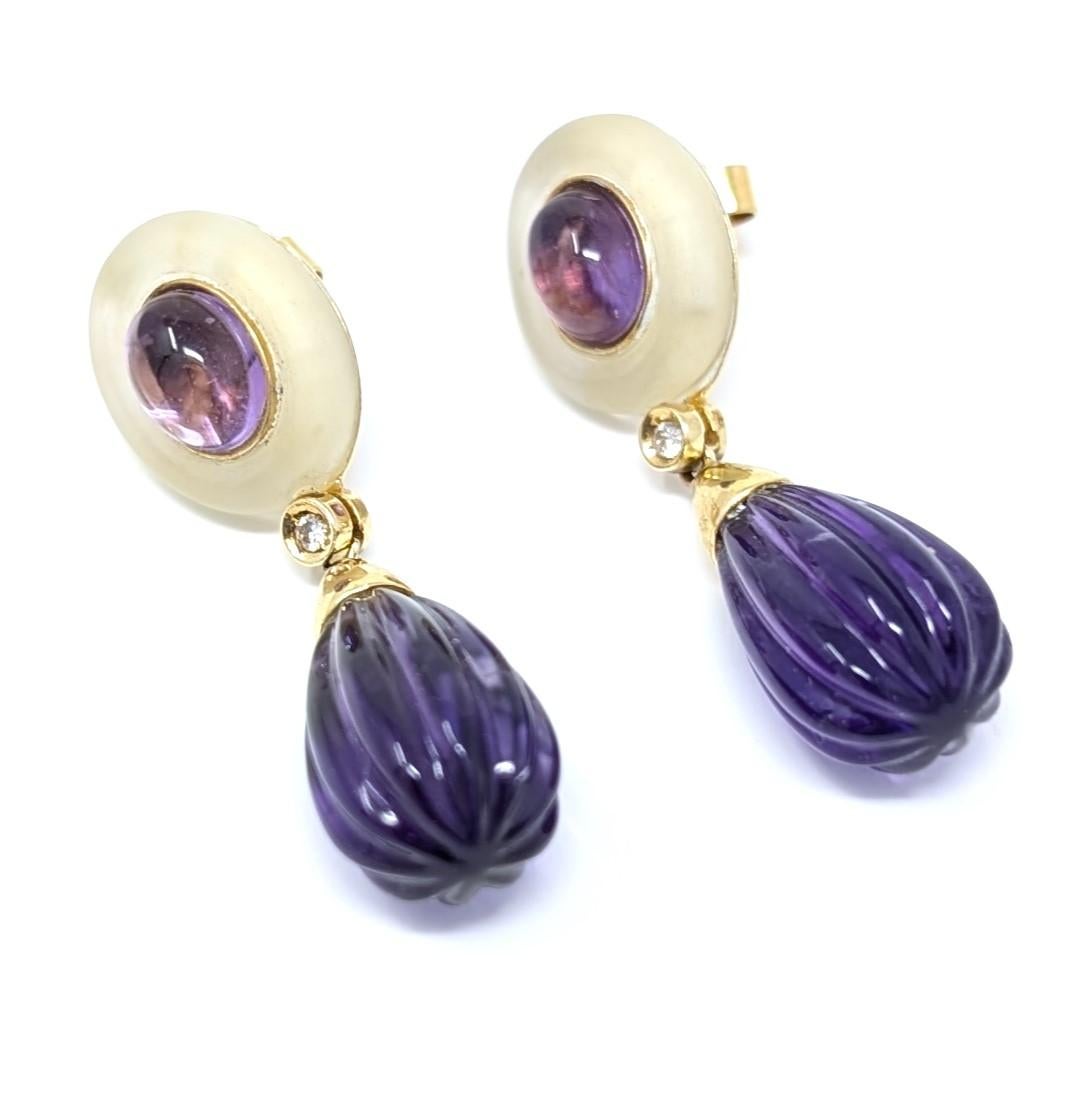 De las mujeres Pendientes Colgantes Amatista Diamante Oro Amarillo Macizo 18k Declaración Lágrima en venta