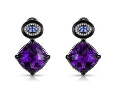 18K Amethyst, Tanzanite, White Round Diamond & Black Enamel Pinwheel Earrings