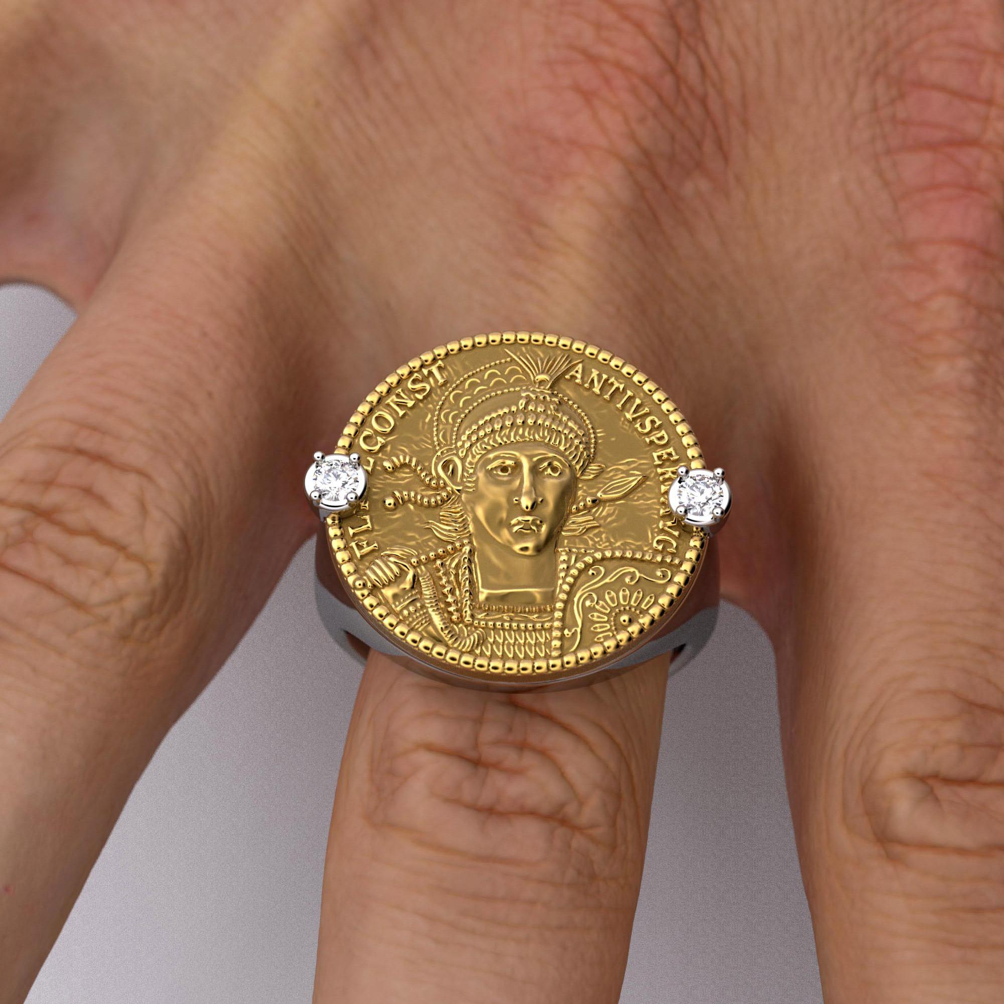 For Sale:  18k Ancient Roman Style Gold Coin Ring with a reproduction of a Roman Solidus 10