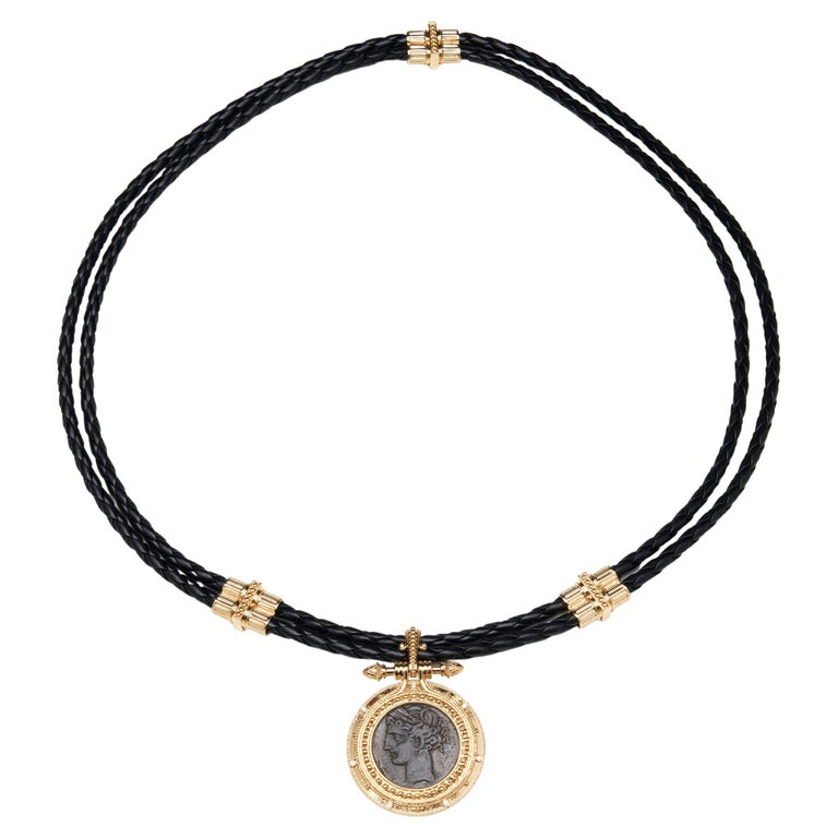 18k Ancient Tanit Bronze Coin Necklace w/ Diamonds with Leather Cord