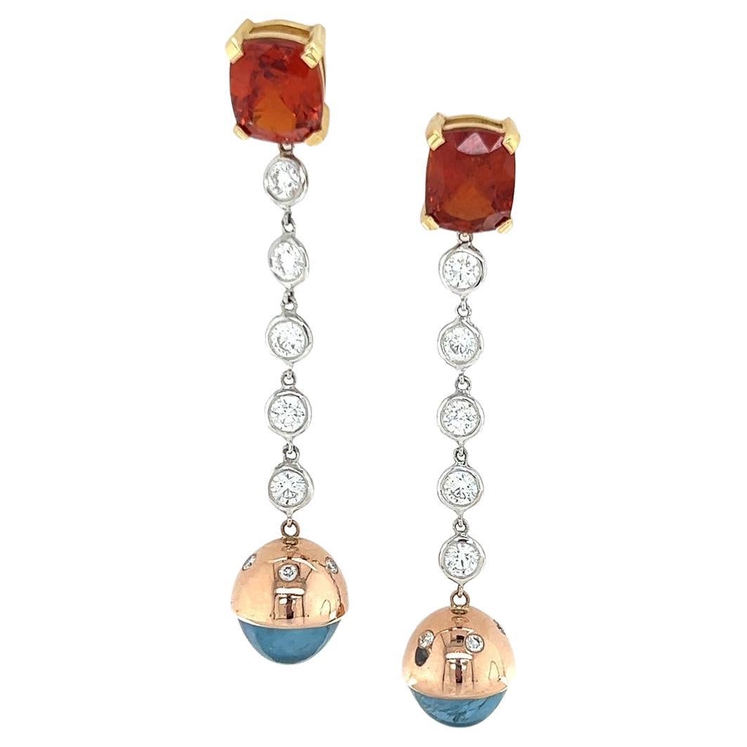 18k and 14k Gold Dangle Earrings with over 14tct Aguas, Spessartite and Diamonds For Sale