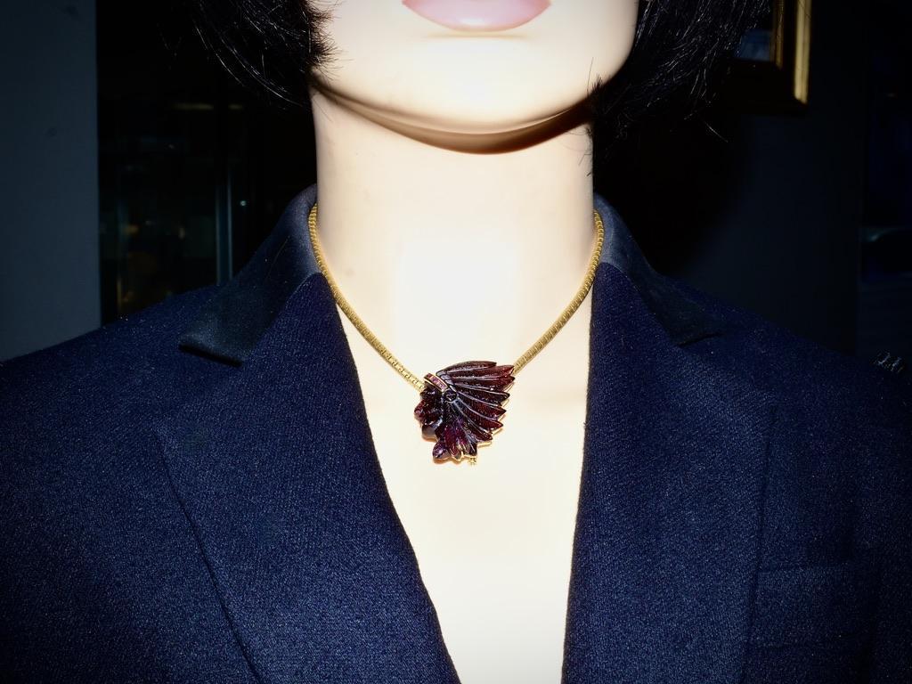 Contemporary 18K and Carved Rubelite of a American Indian Vintage Brooch/Pendant, by Alopa.