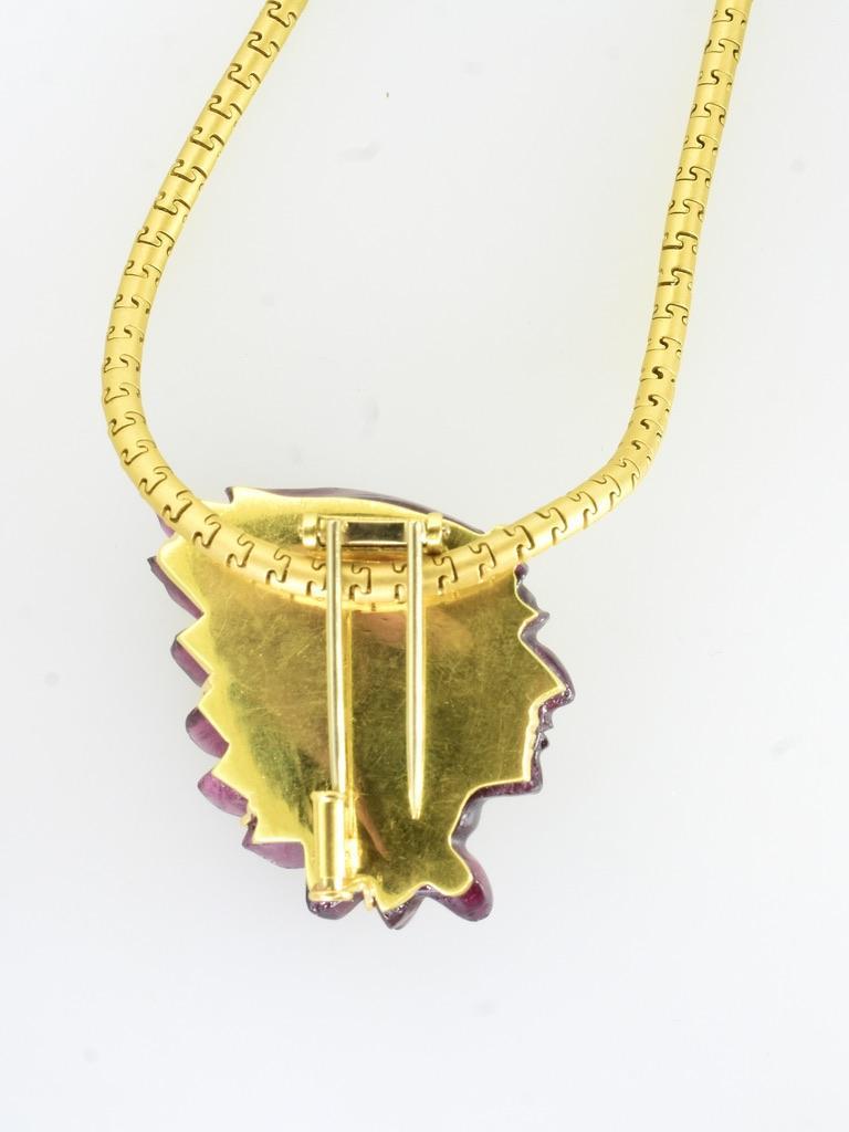 Cabochon 18K and Carved Rubelite of a American Indian Vintage Brooch/Pendant, by Alopa.