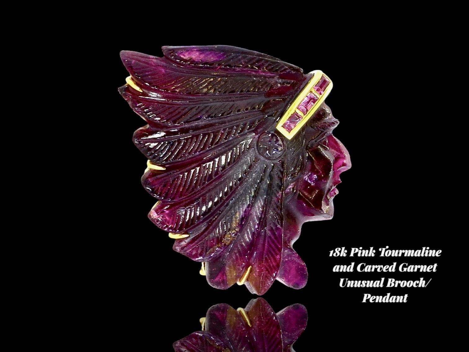 18K and Carved Rubelite of a American Indian Vintage Brooch/Pendant, by Alopa. In Excellent Condition In Aspen, CO